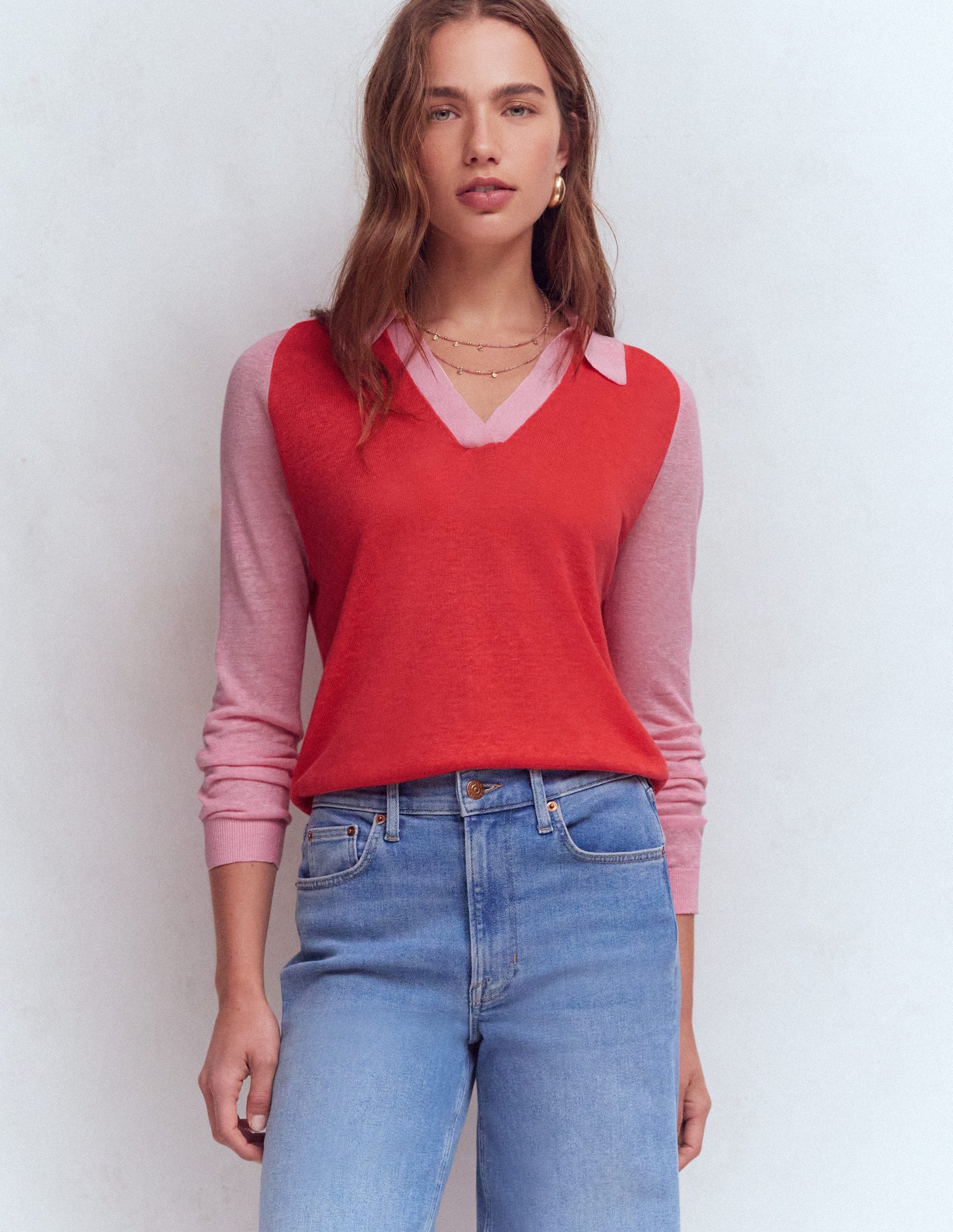 Agnes Collared Linen Jumper-Sunkissed Coral / Formica Pink-6