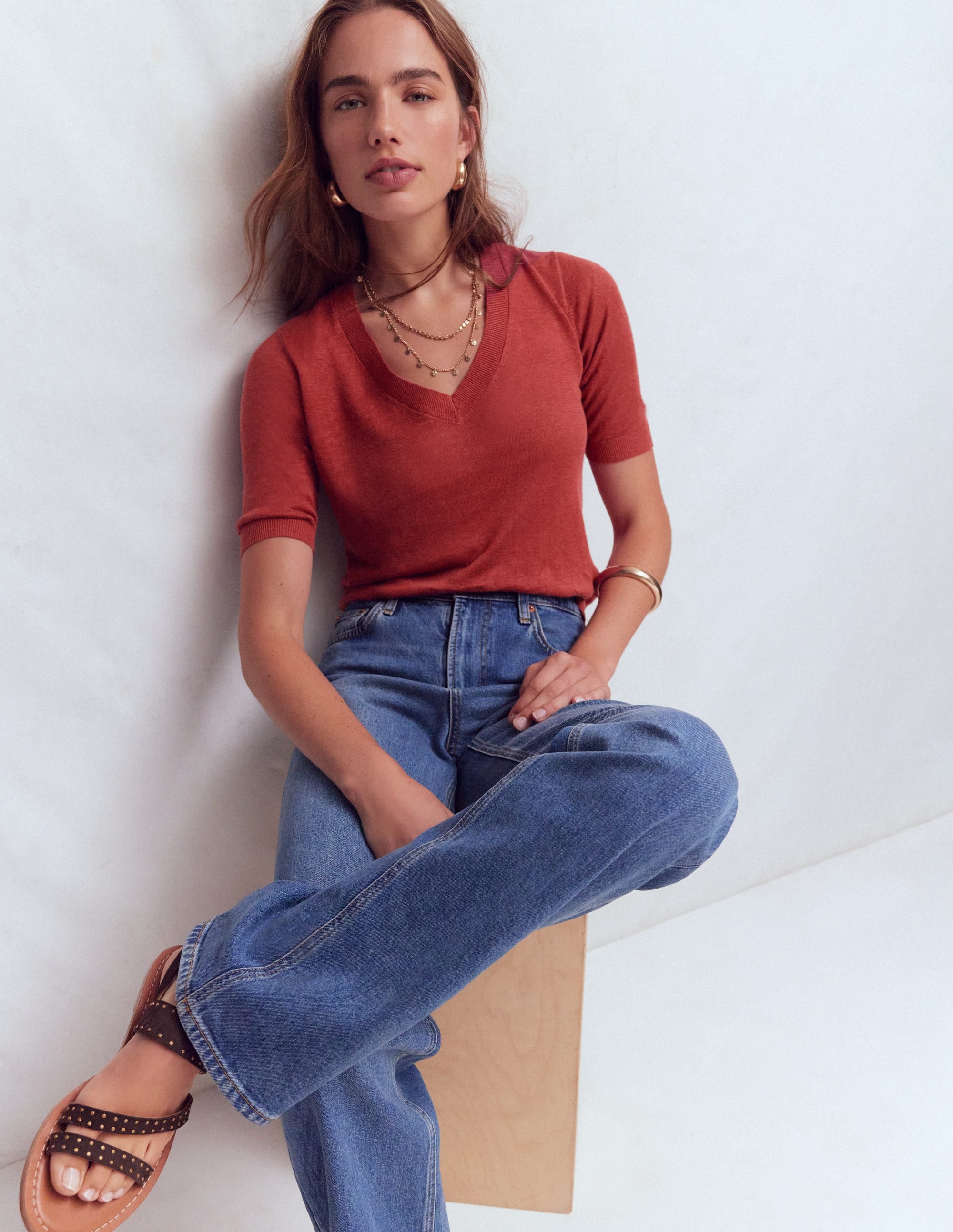 Agnes Linen V Neck T-Shirt-Burnt Orange - Image 1
