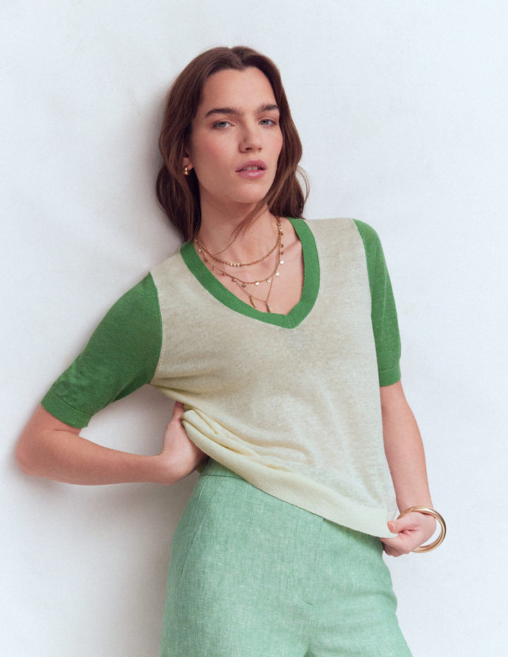 Agnes Linen V Neck T-Shirt-Ivory/ Green