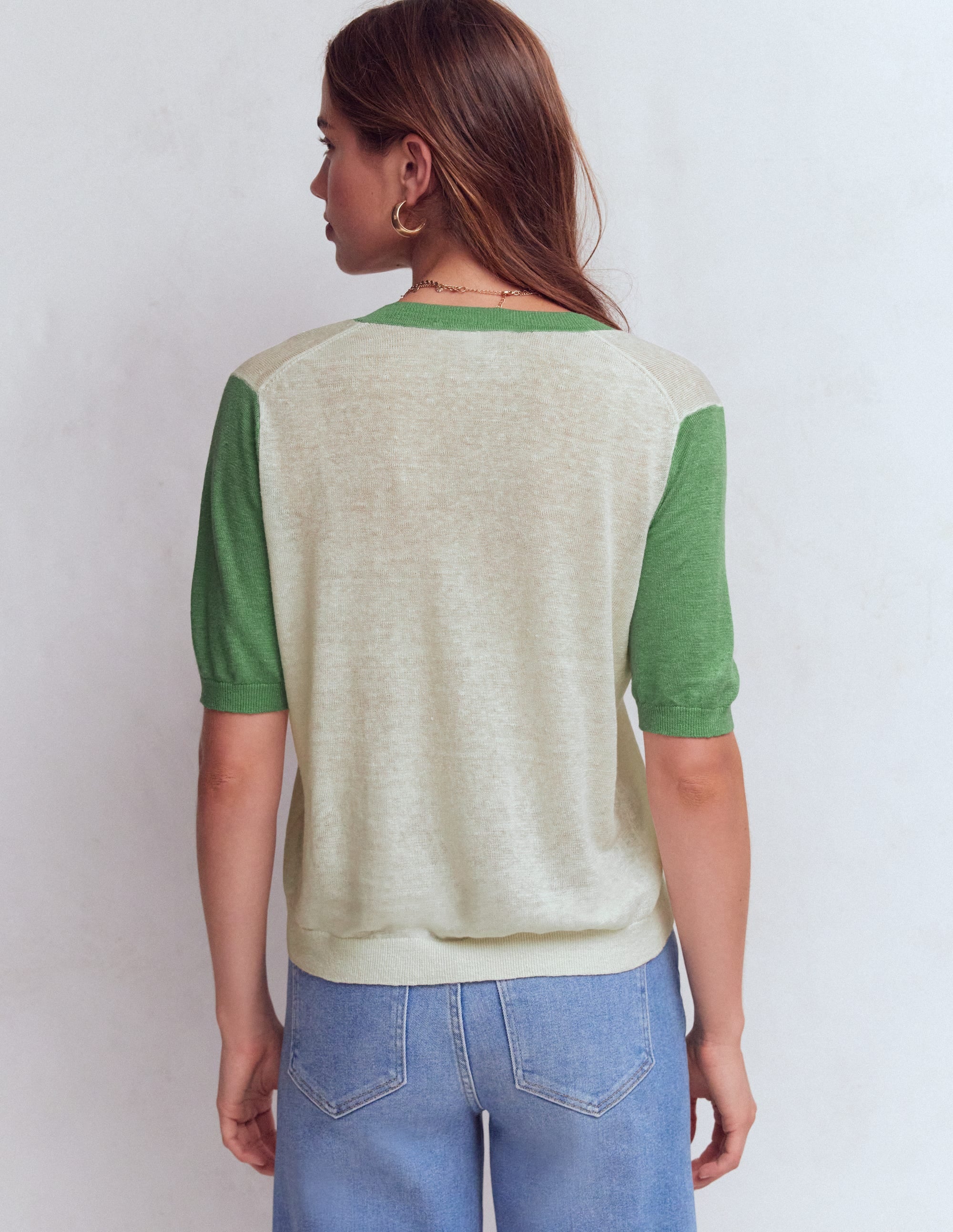 Agnes Linen V Neck T-Shirt-Ivory/ Green - Image 3