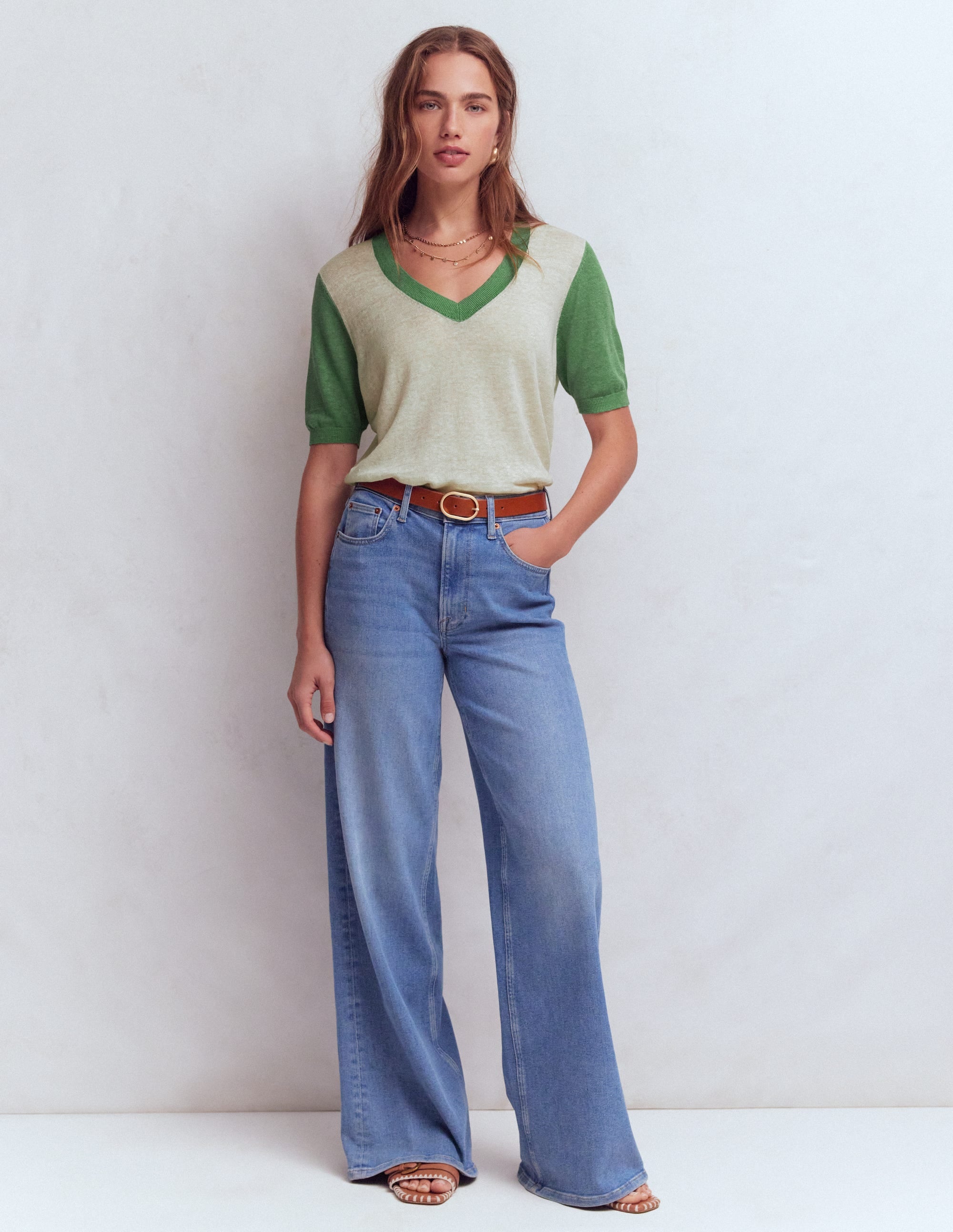 Agnes Linen V Neck T-Shirt-Ivory/ Green - Image 4