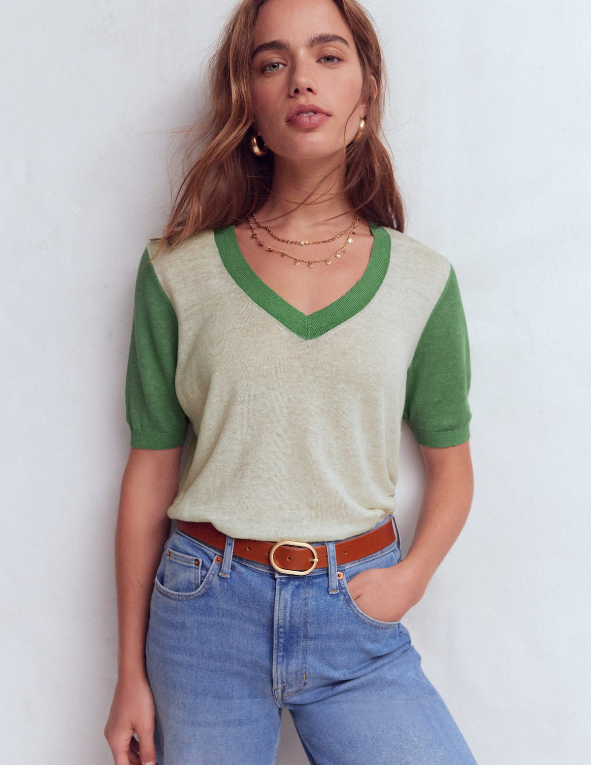 Agnes Linen V Neck T-Shirt-Ivory/ Green - Image 5