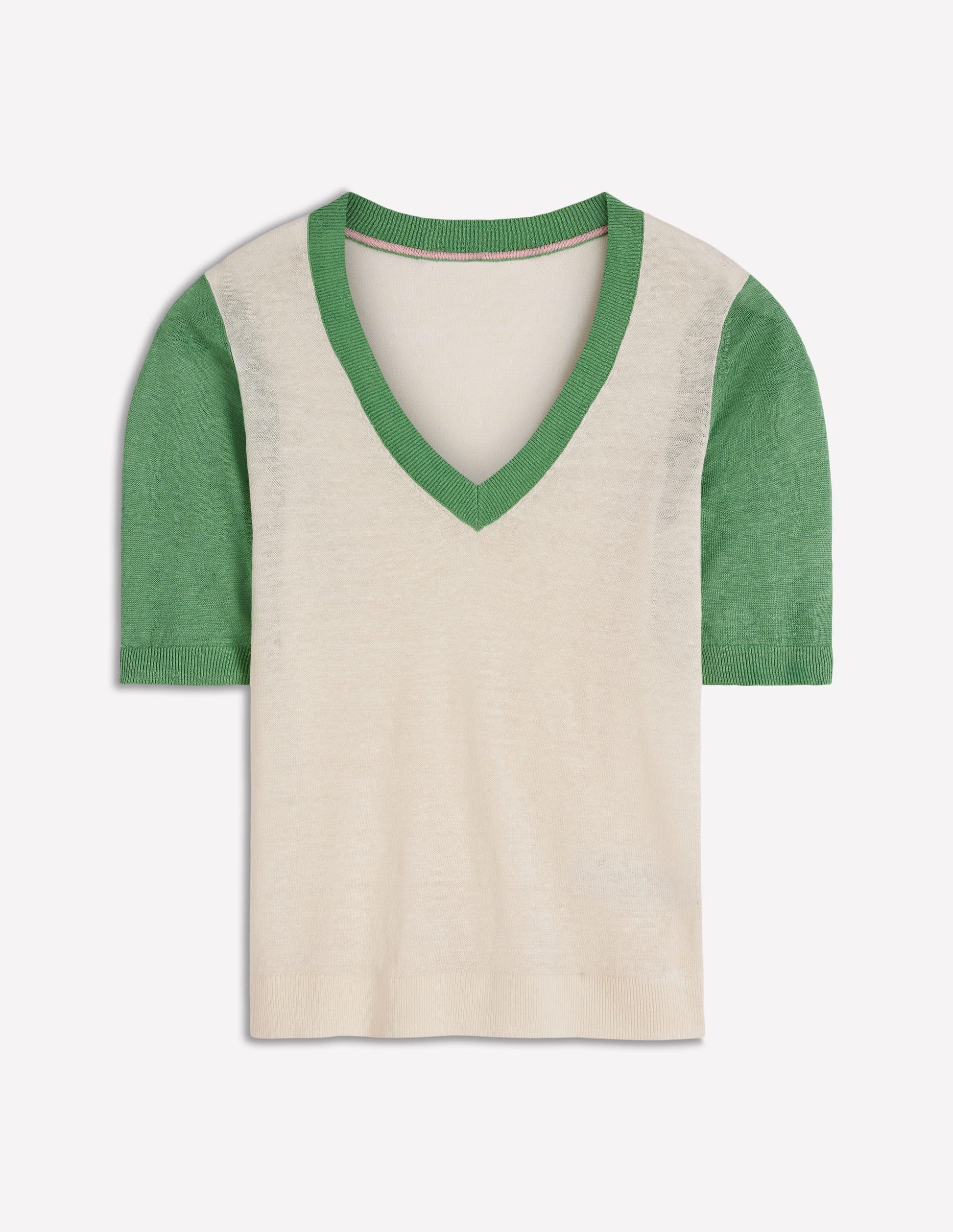 Agnes Linen V Neck T-Shirt-Ivory/ Green-6