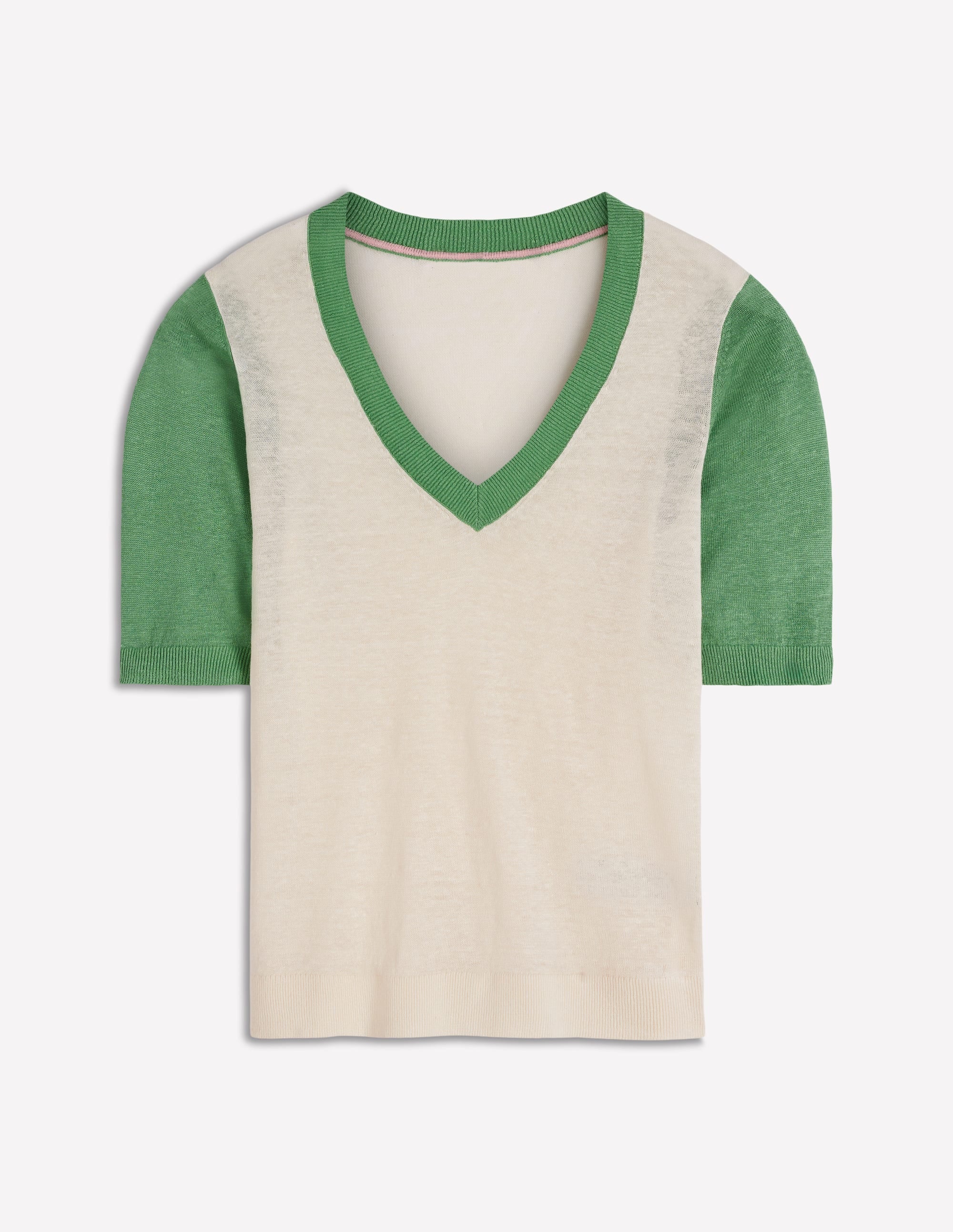 Agnes Linen V Neck T-Shirt-Ivory/ Green - Image 6