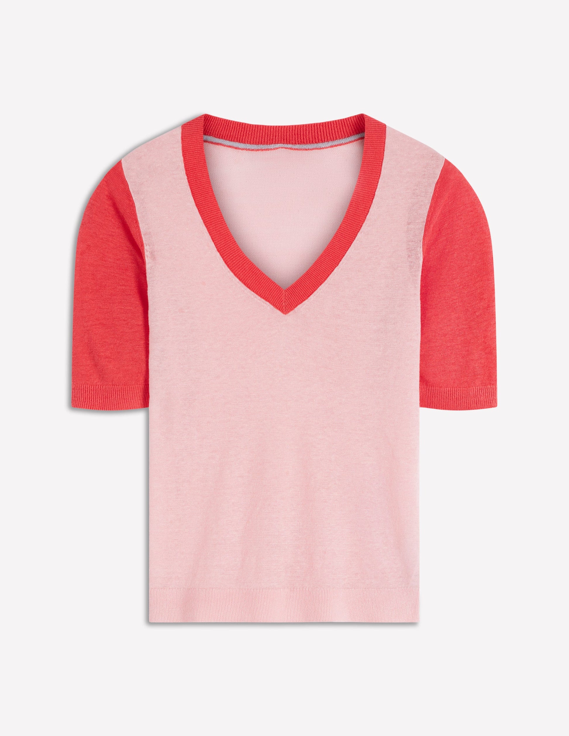 Agnes Linen V Neck T-Shirt-Pink Colour Block-5