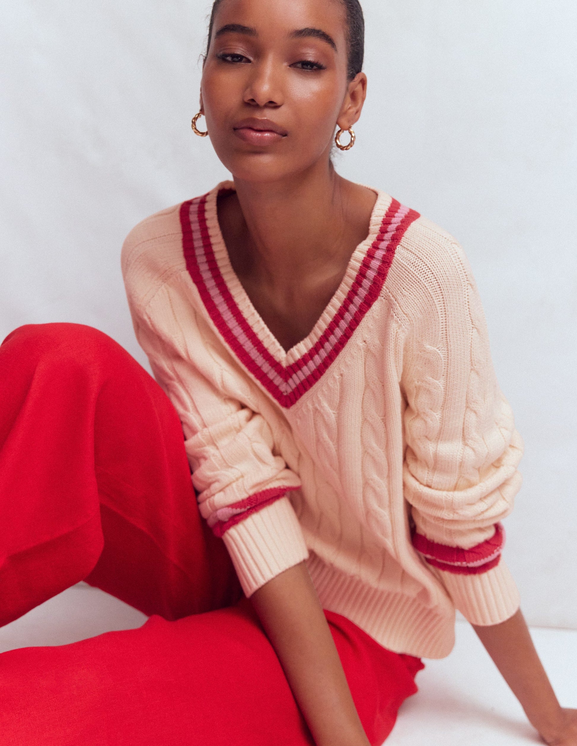 Maeve Textured Cotton Jumper-Ivory Cable, Red-2