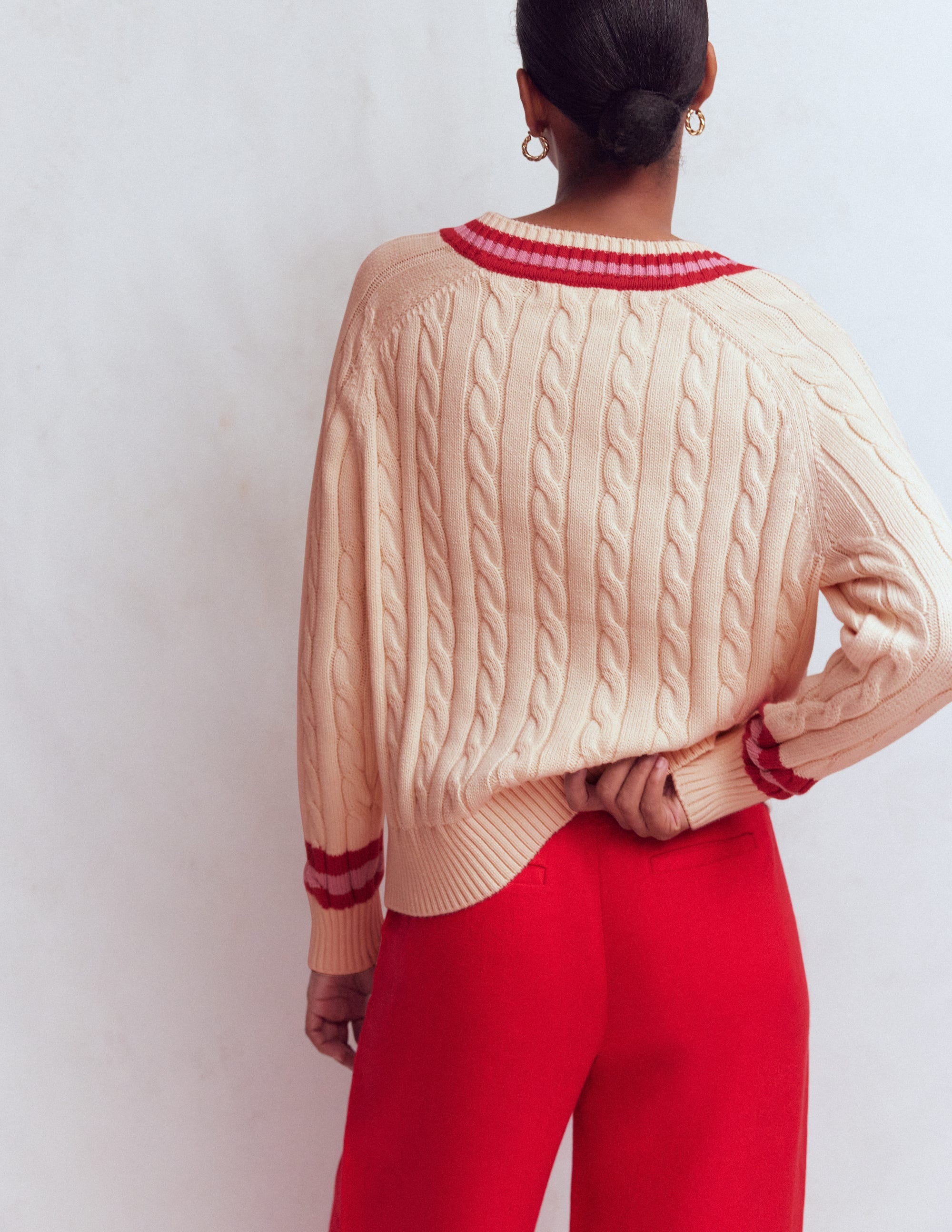 Textured Cotton Jumper-Ivory Cable, Red - Image 3