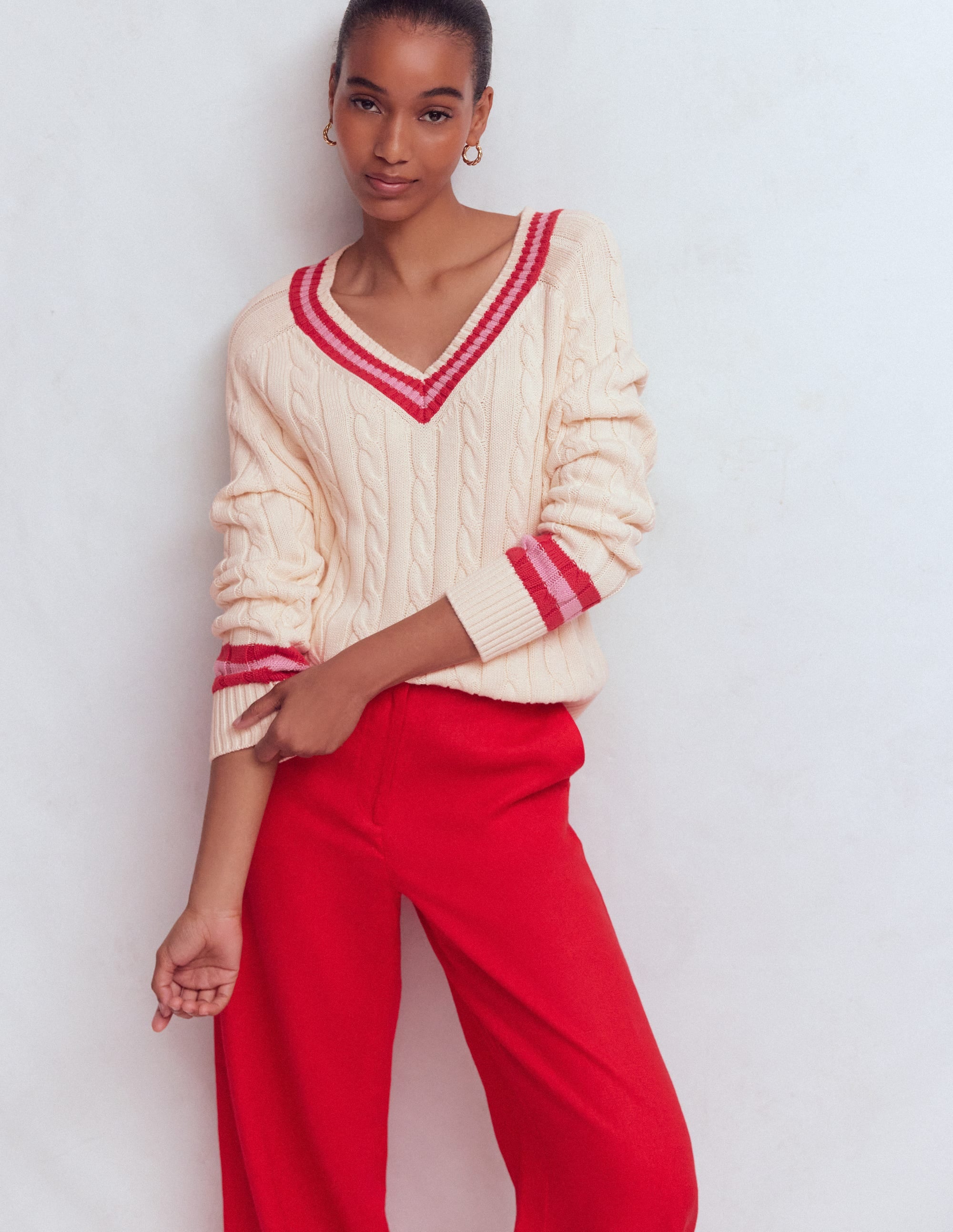 Textured Cotton Jumper-Ivory Cable, Red - Image 4