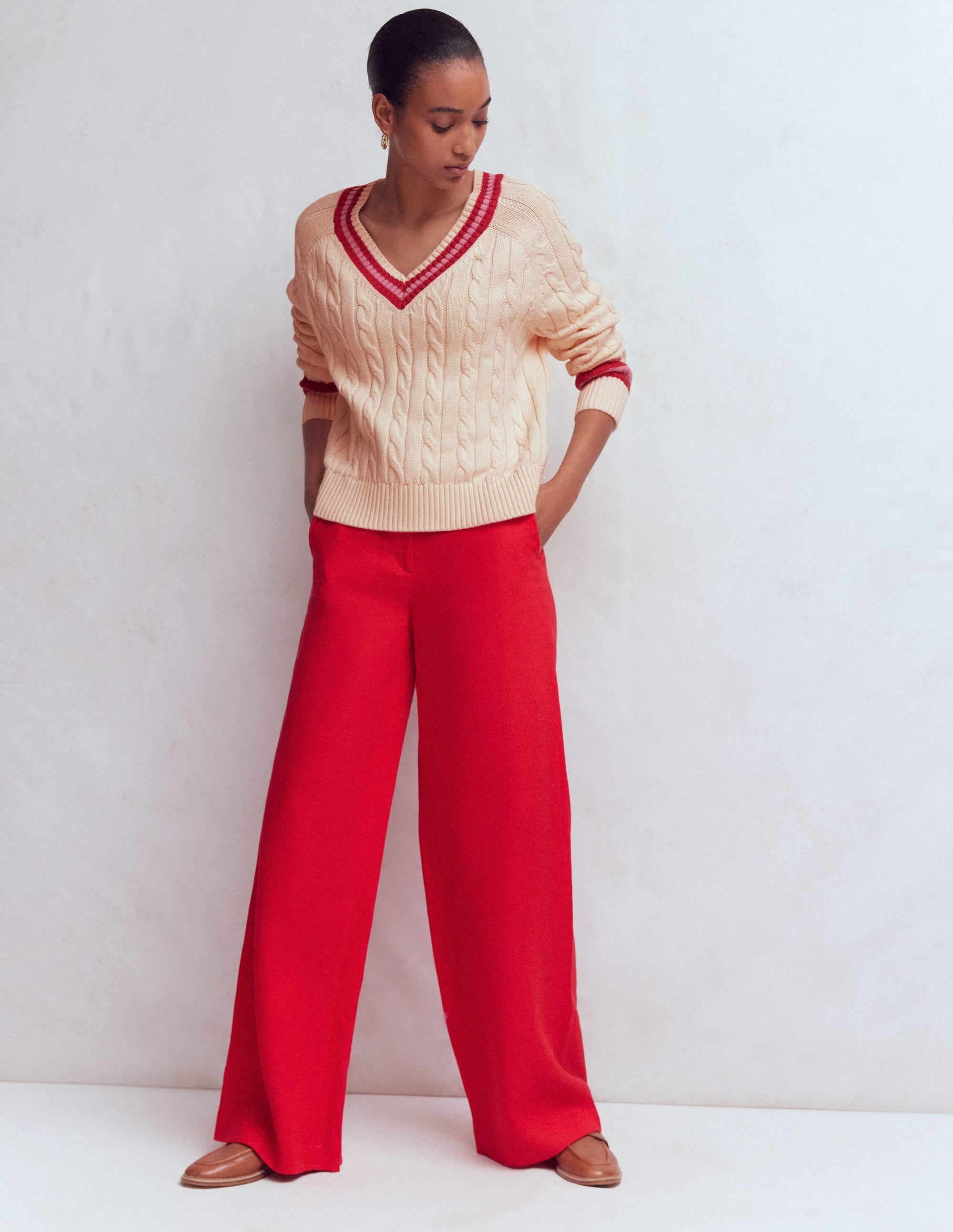 Textured Cotton Jumper-Ivory Cable, Red - Image 5