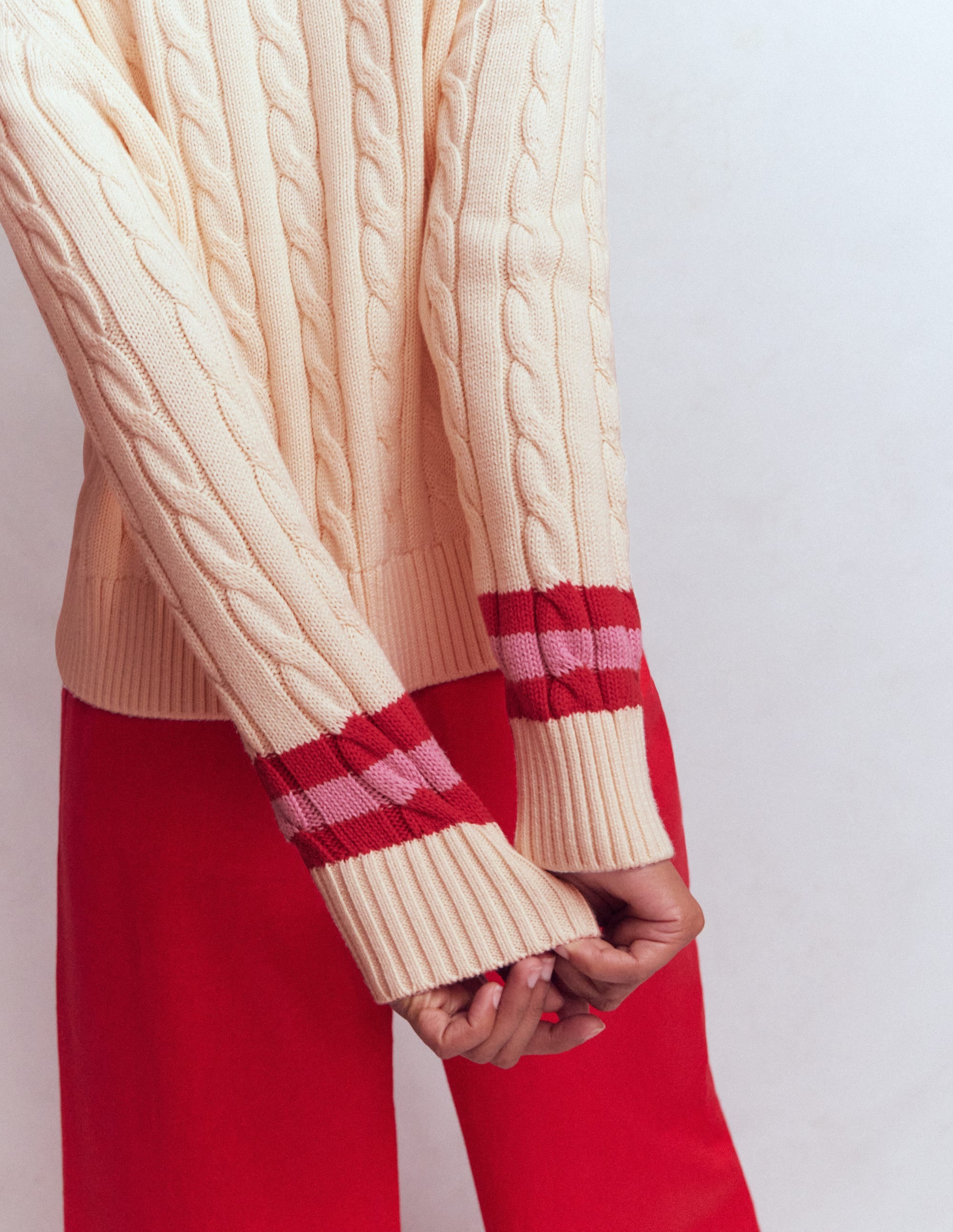 Textured Cotton Jumper-Ivory Cable, Red - Image 6