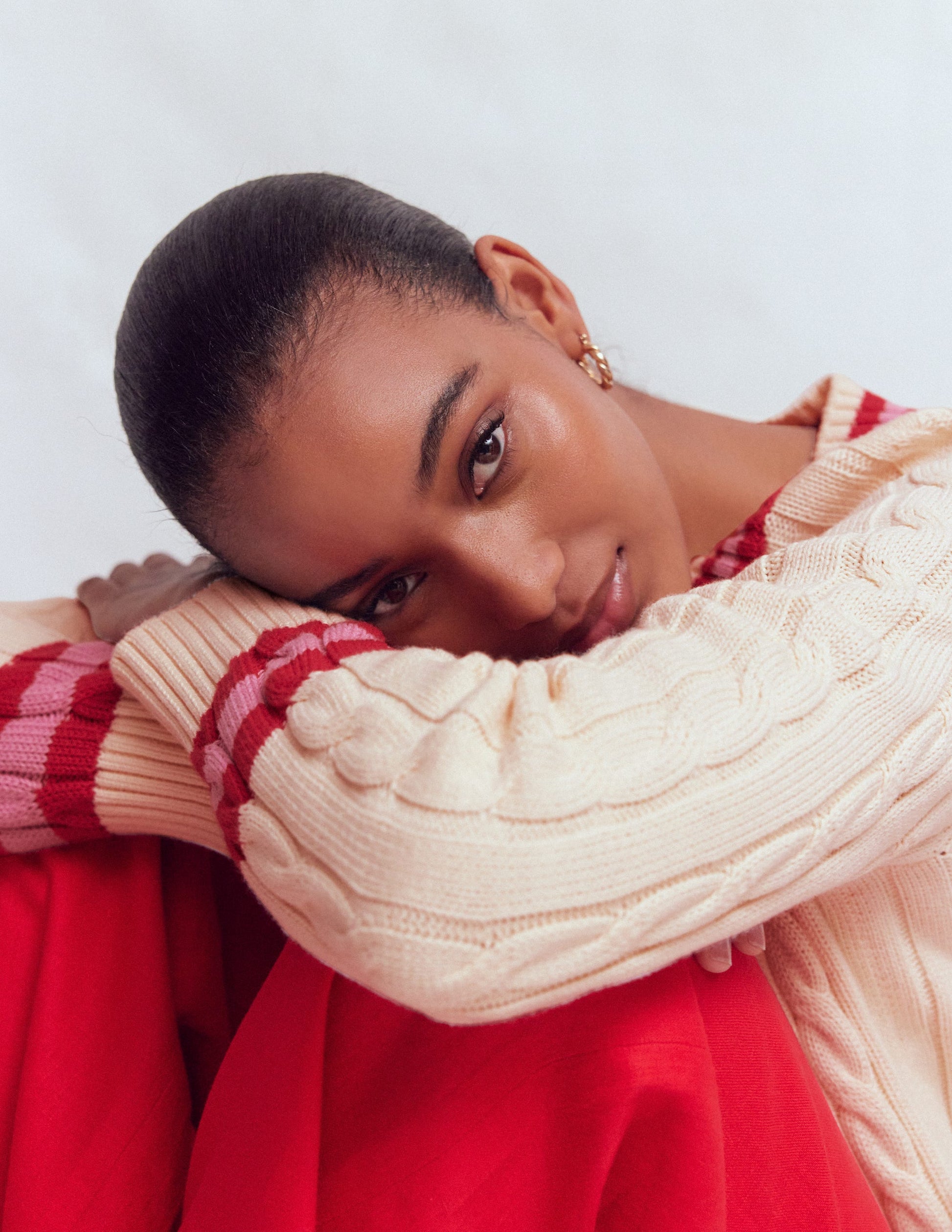 Maeve Textured Cotton Jumper-Ivory Cable, Red-8