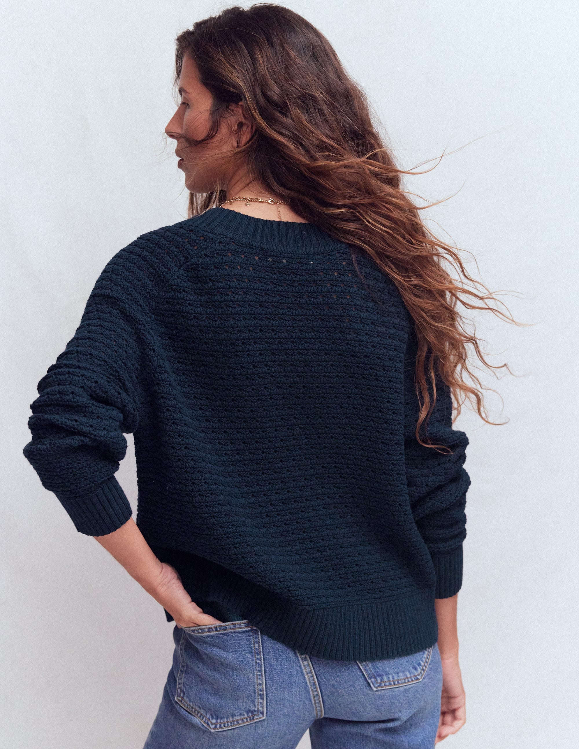 Textured Cotton Jumper-Navy - Image 4