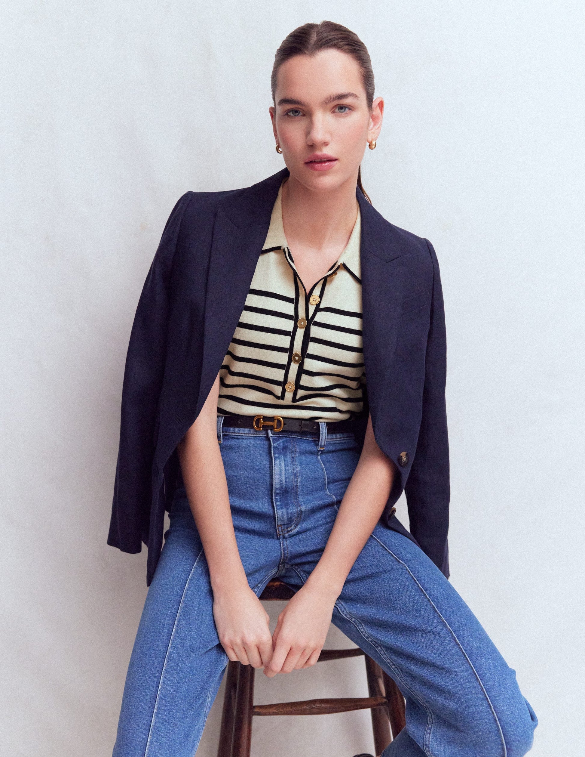 Liz Henley T-Shirt-Ivory. Navy-5