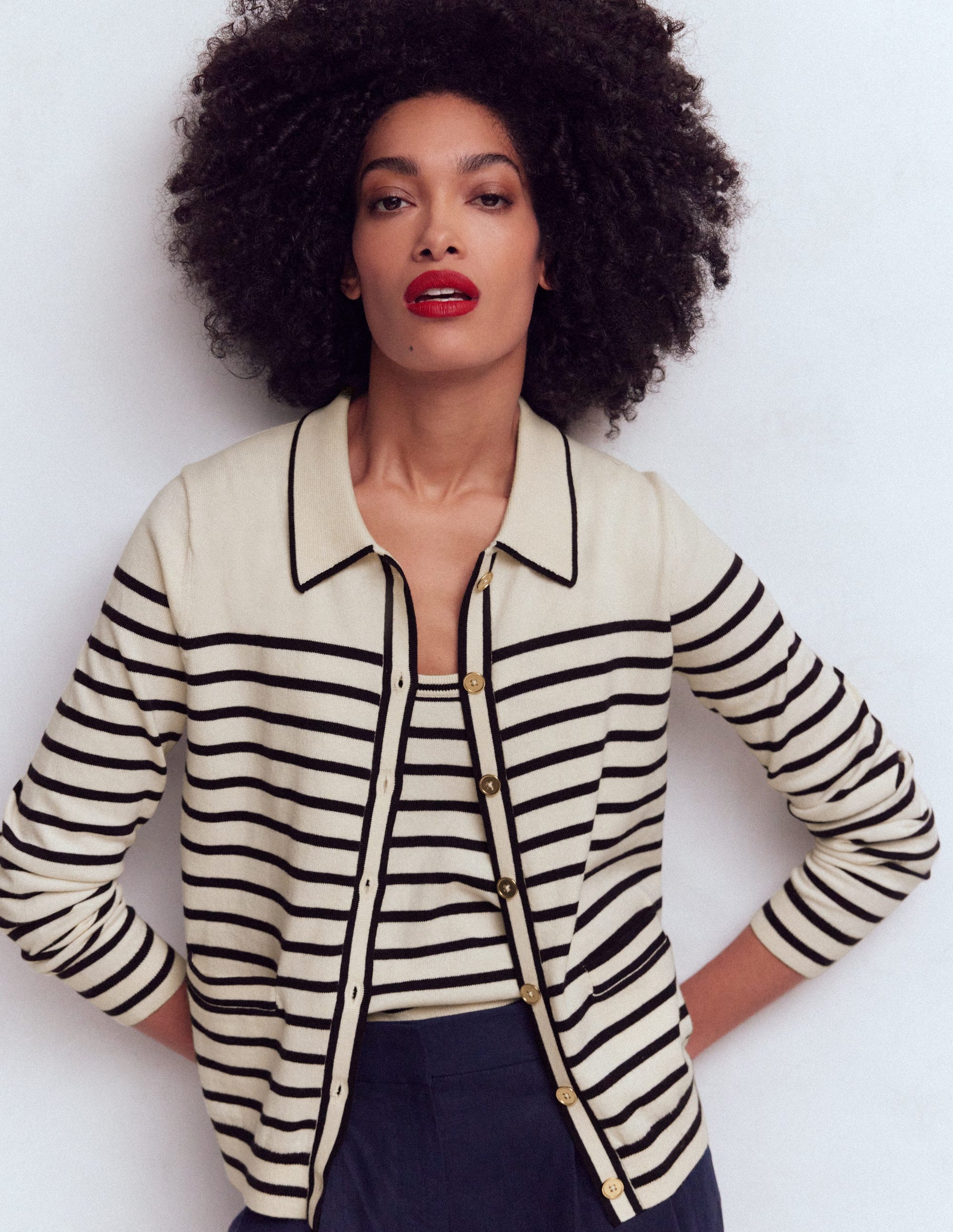 Liz Knitted Collared Cardigan-Ivory/ Navy-1