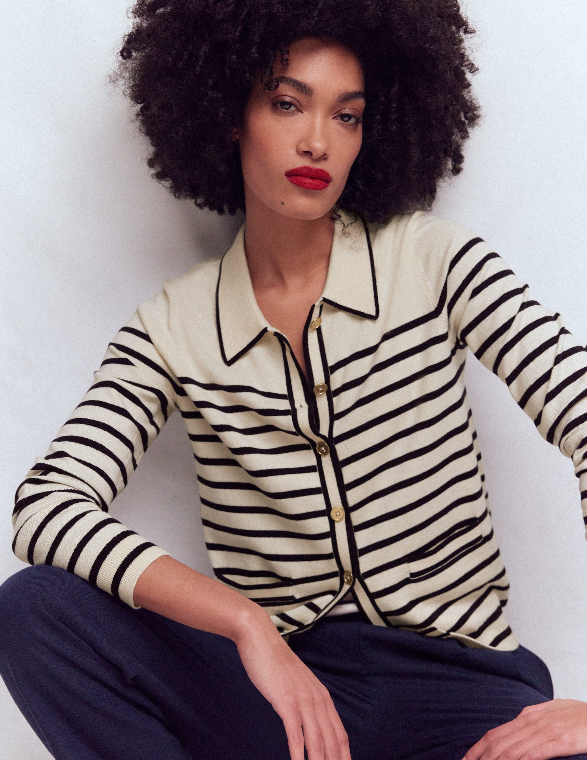 Liz Knitted Collared Cardigan-Ivory/ Navy-5