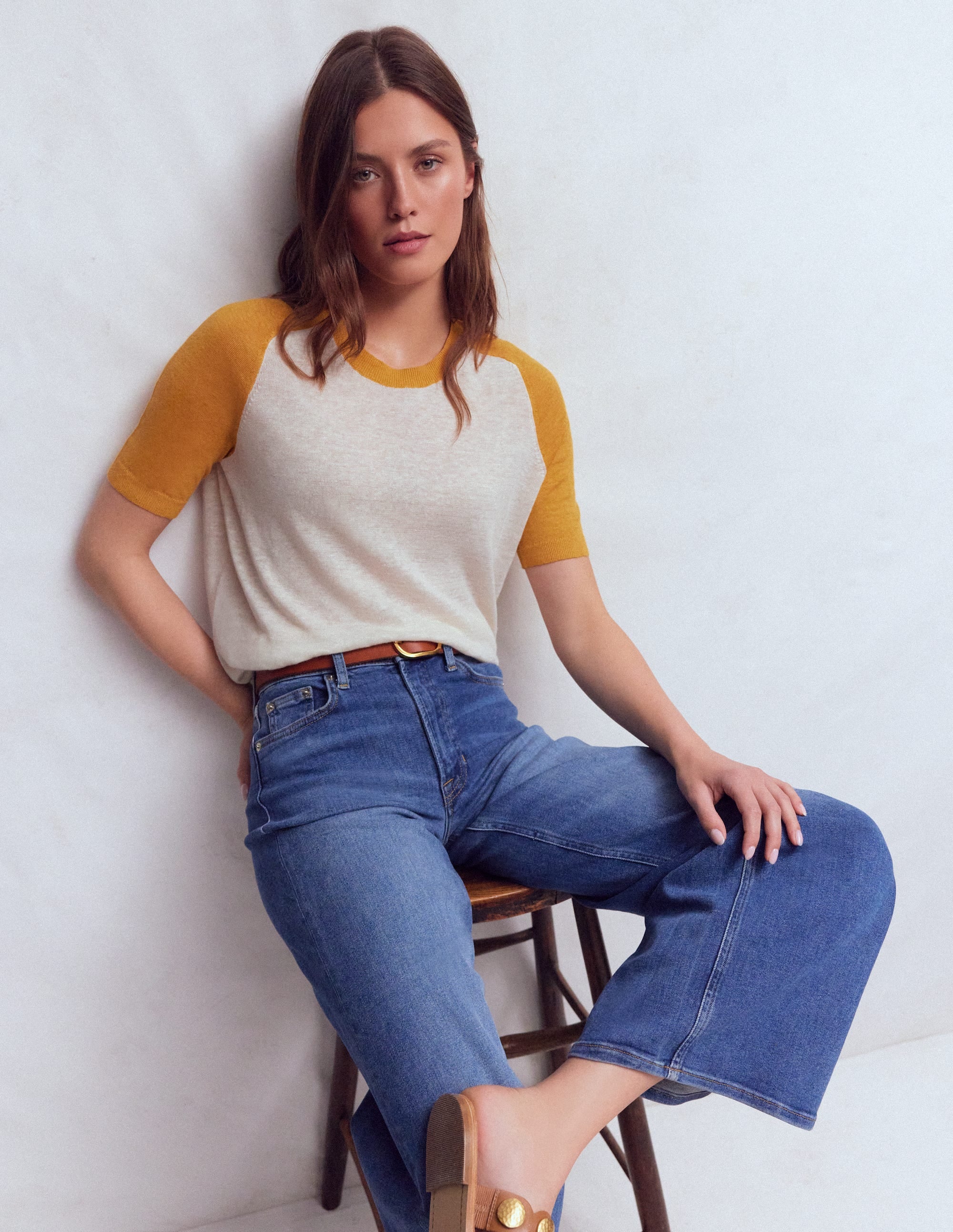 Agnes Linen Button T-Shirt-Yellow, Colour Block - Image 1