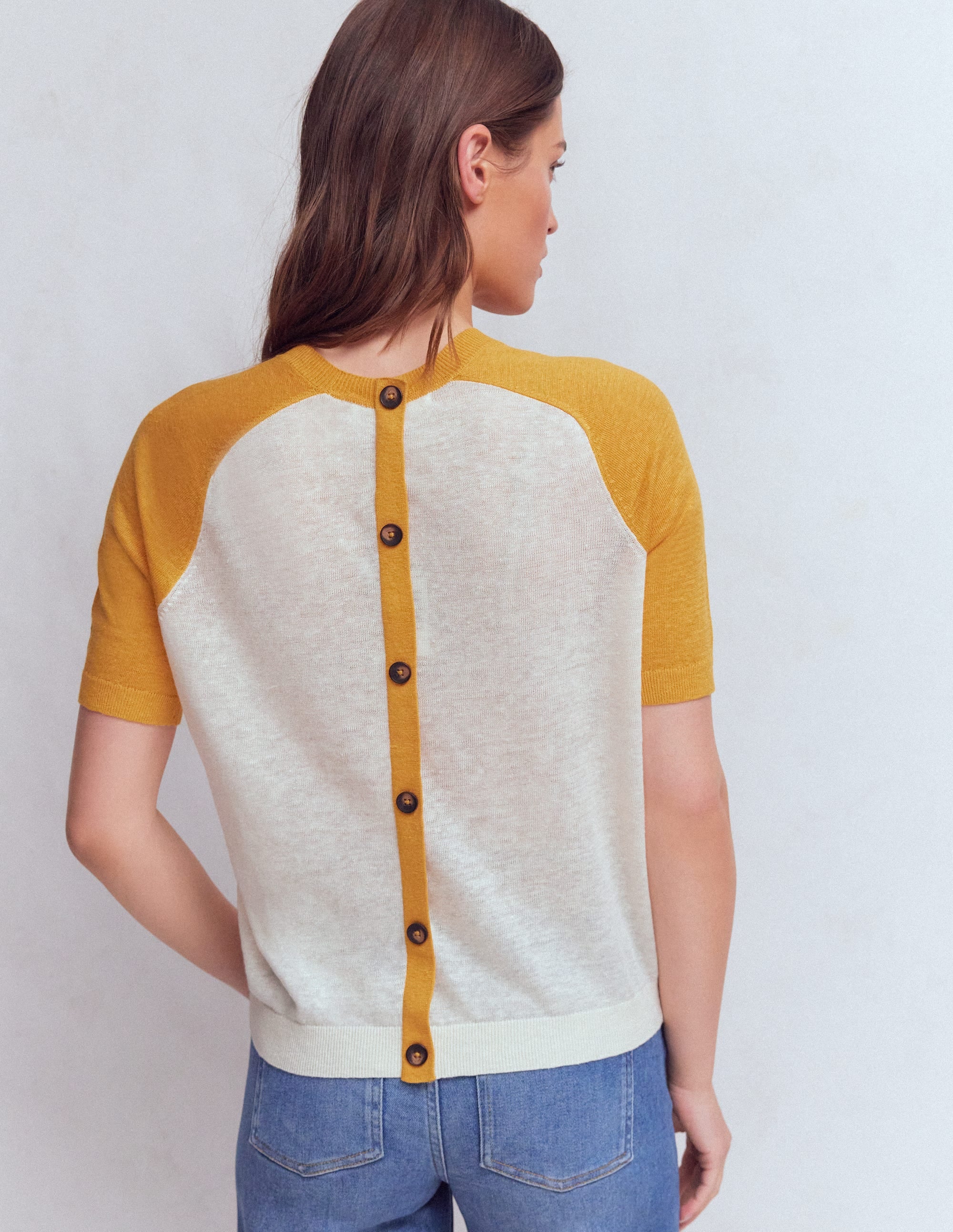 Agnes Linen Button T-Shirt-Yellow, Colour Block - Image 3
