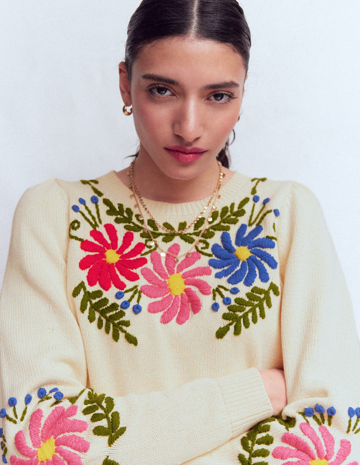 Davina Puff Sleeve Jumper-Ivory Embroidery