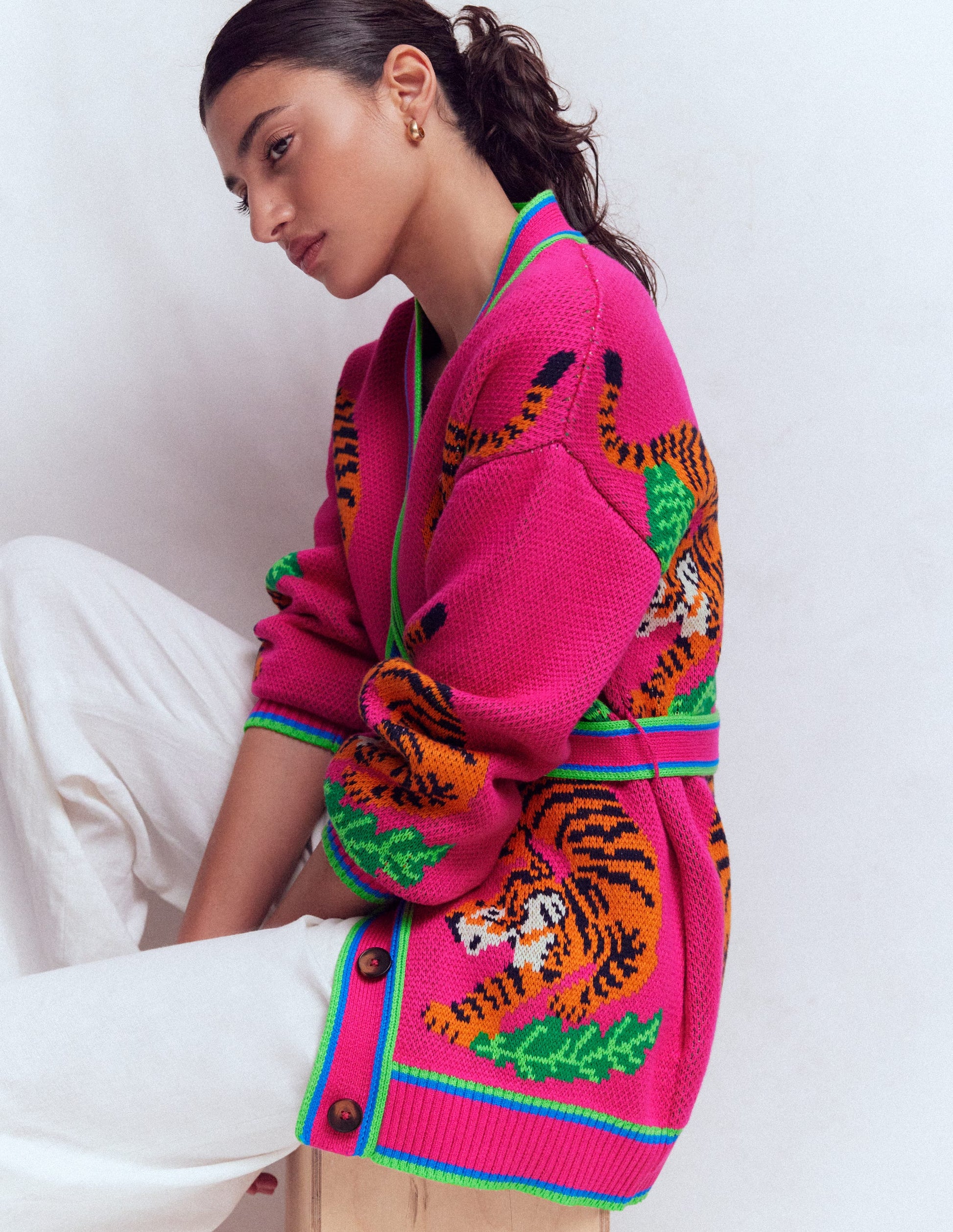 Jacquard Belted Cardigan-Pink Yarrow Tigers-1