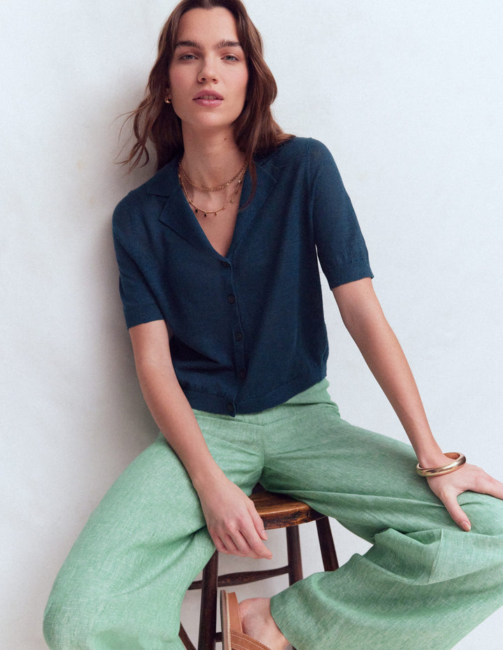 Agnes Collar Linen Cardigan-Navy