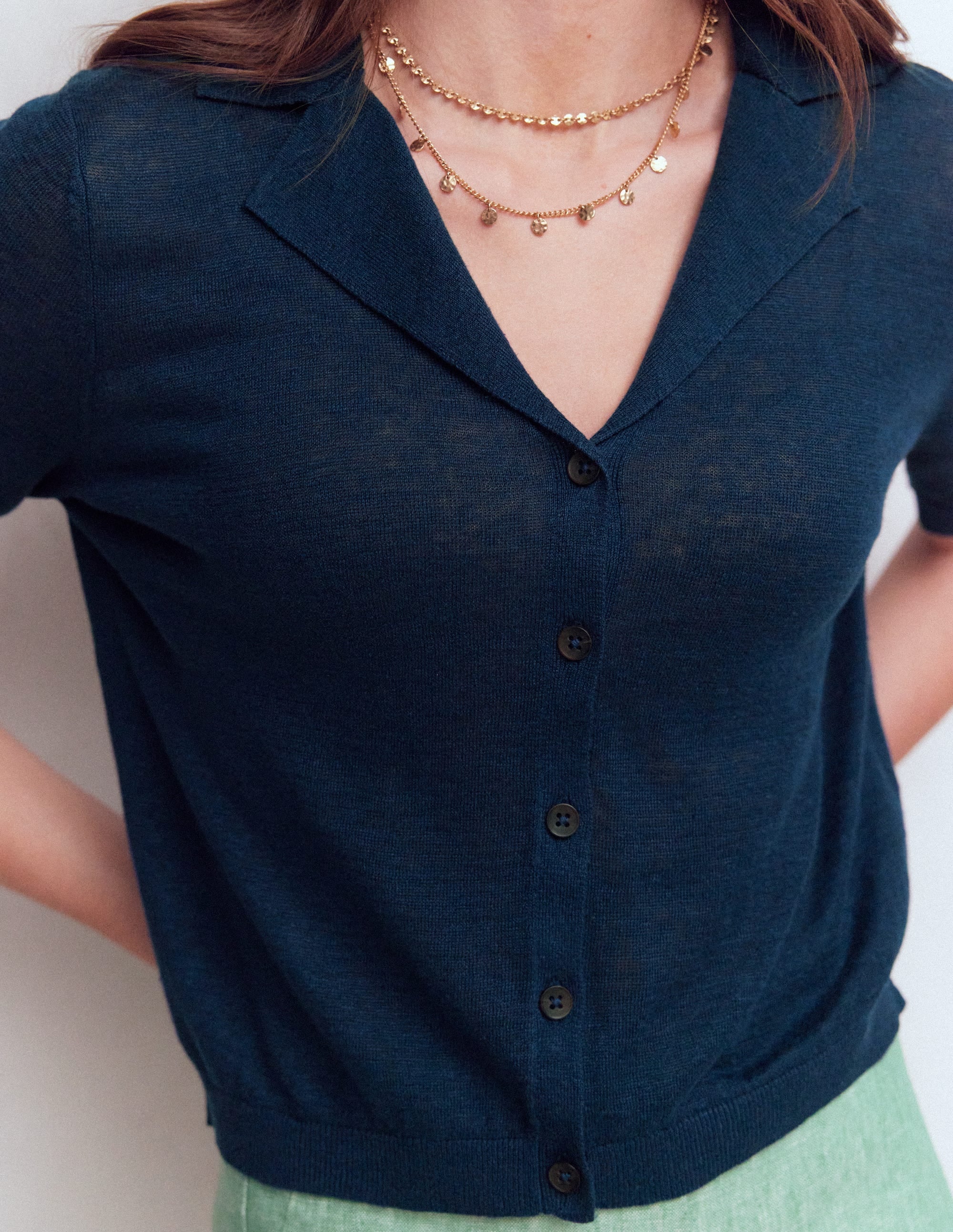 Agnes Collar Linen Cardigan-Navy - Image 2