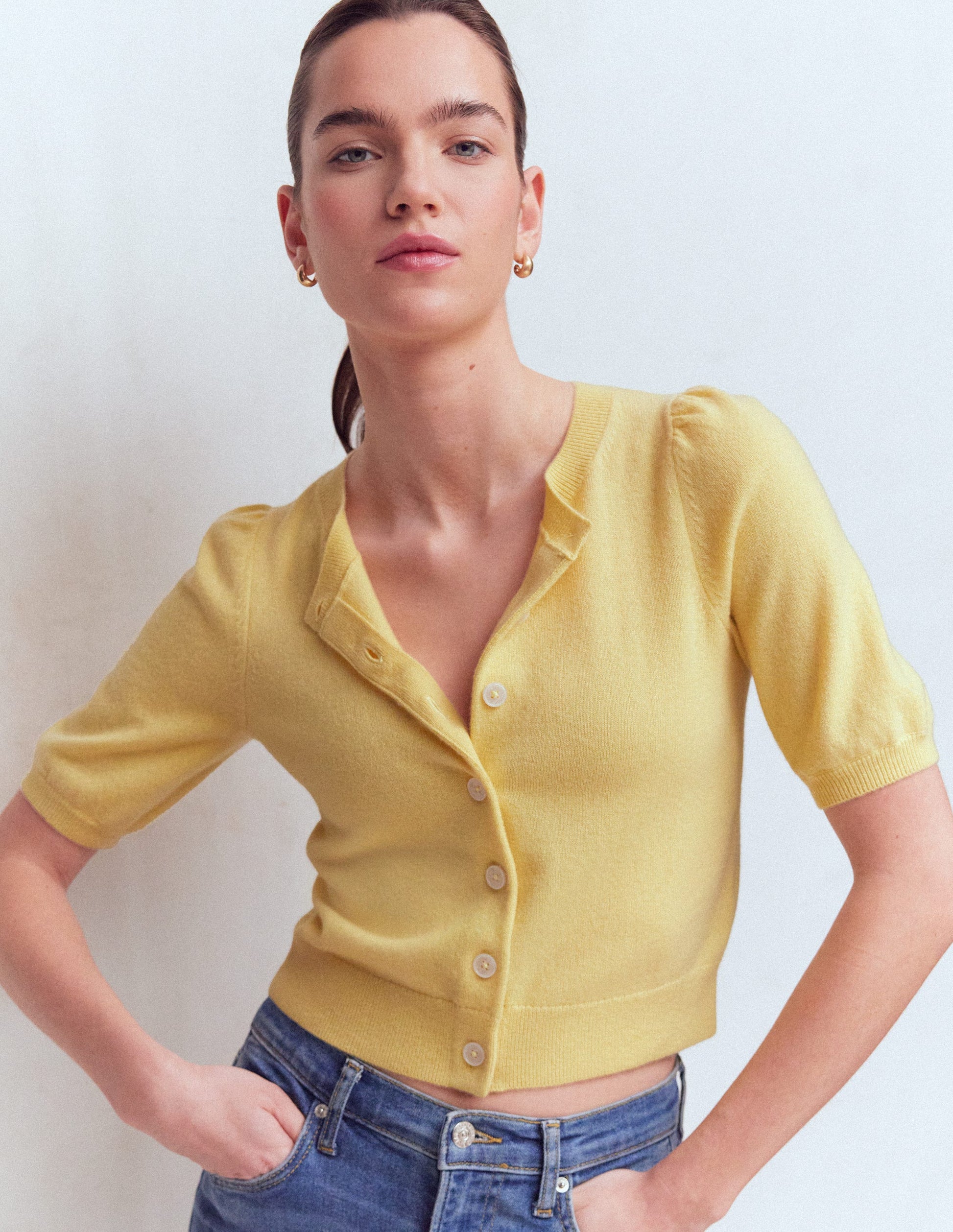 Cropped Cashmere Cardigan-Sandstone Yellow-4