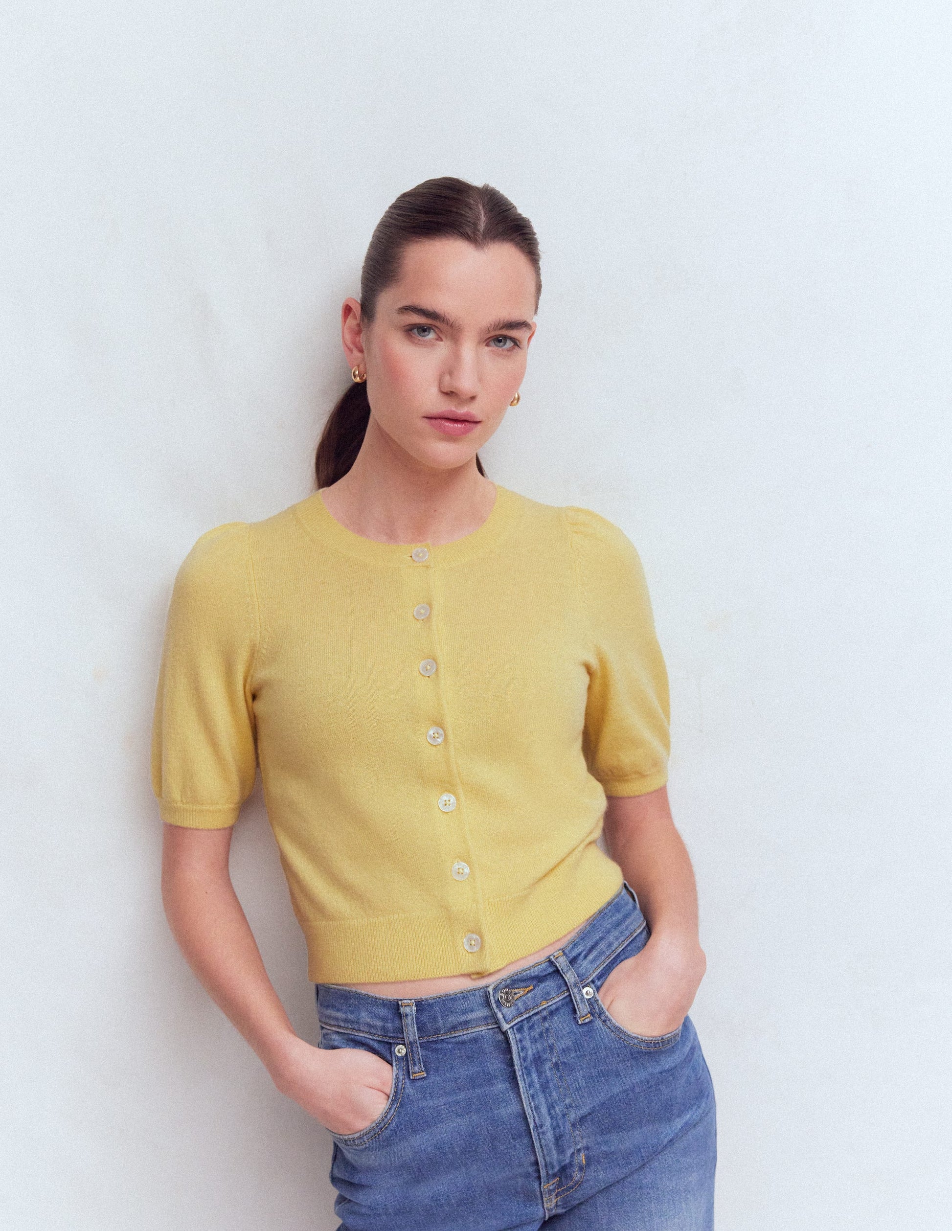 Cropped Cashmere Cardigan-Sandstone Yellow-5