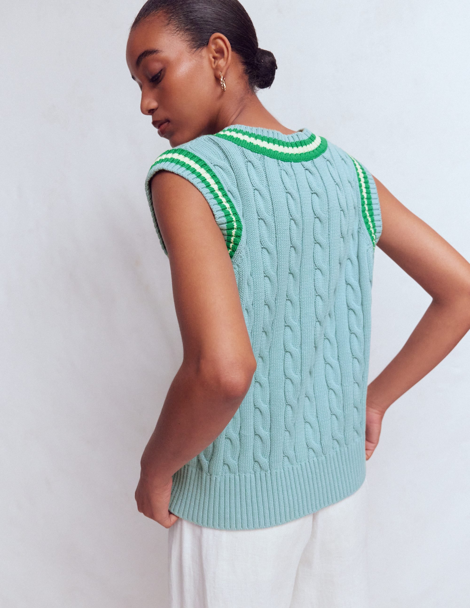 Cable V Neck Tank-Blue, Green - Image 3