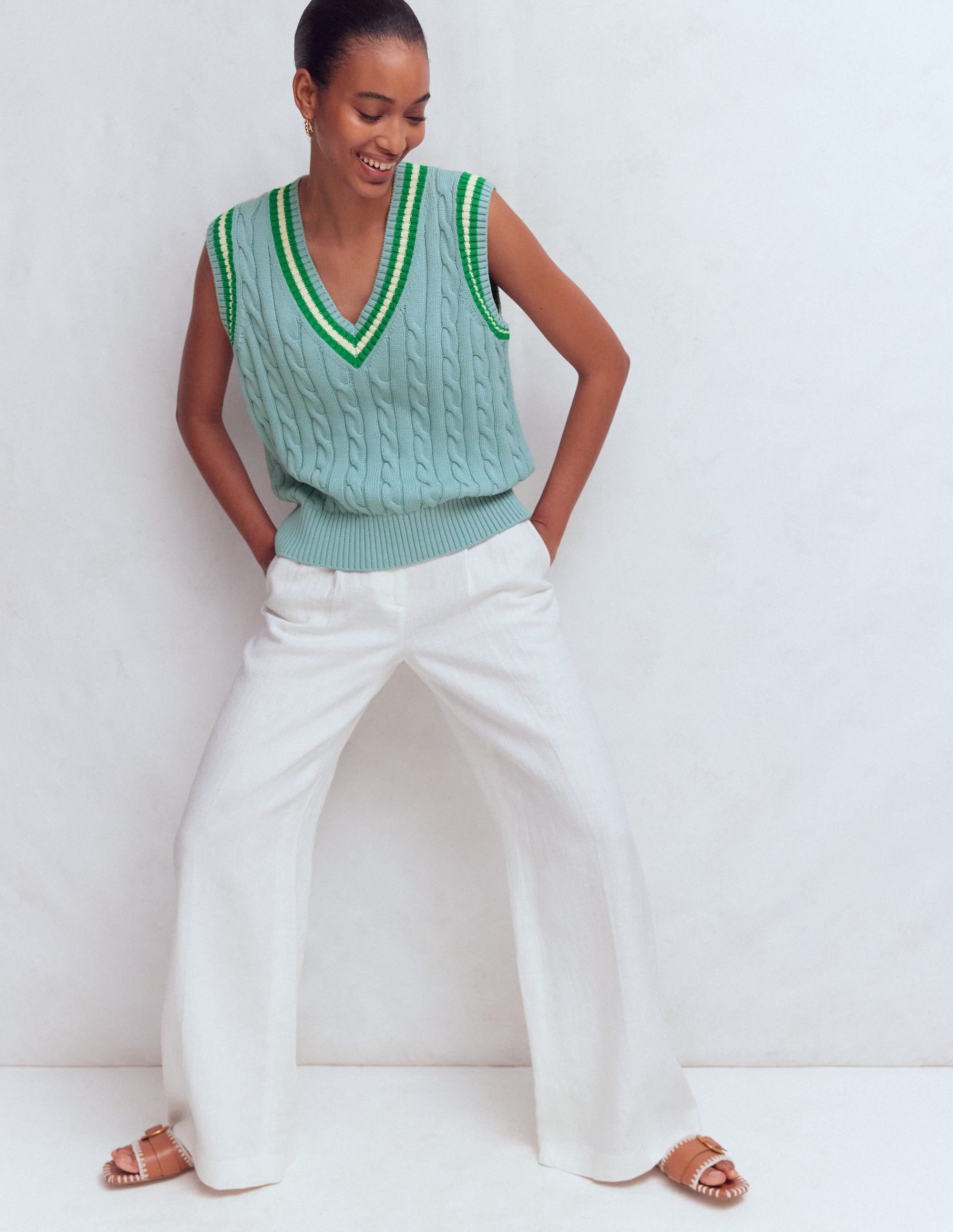 Cable V Neck Tank-Blue, Green - Image 4