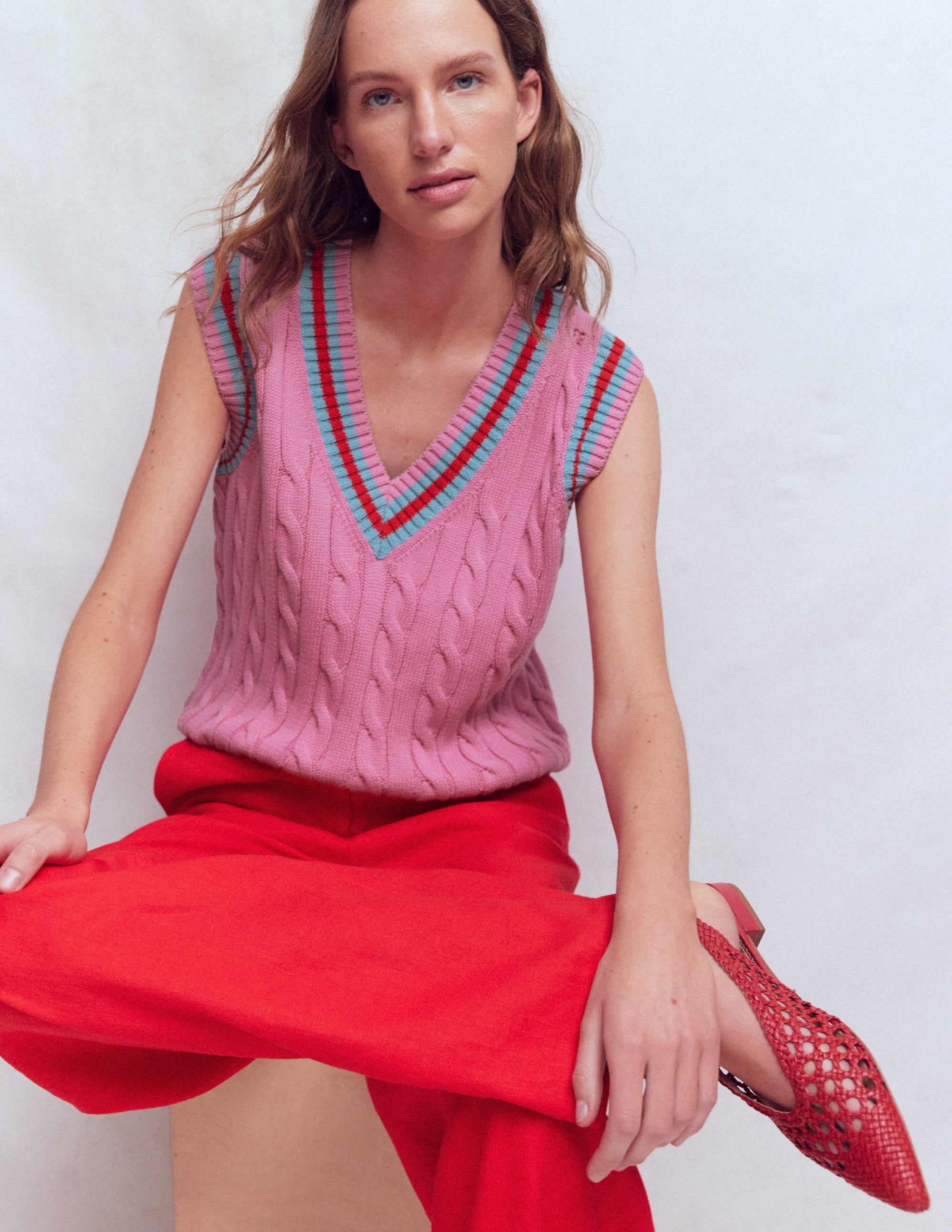 Cable V Neck Tank-Pink, Red - Image 1