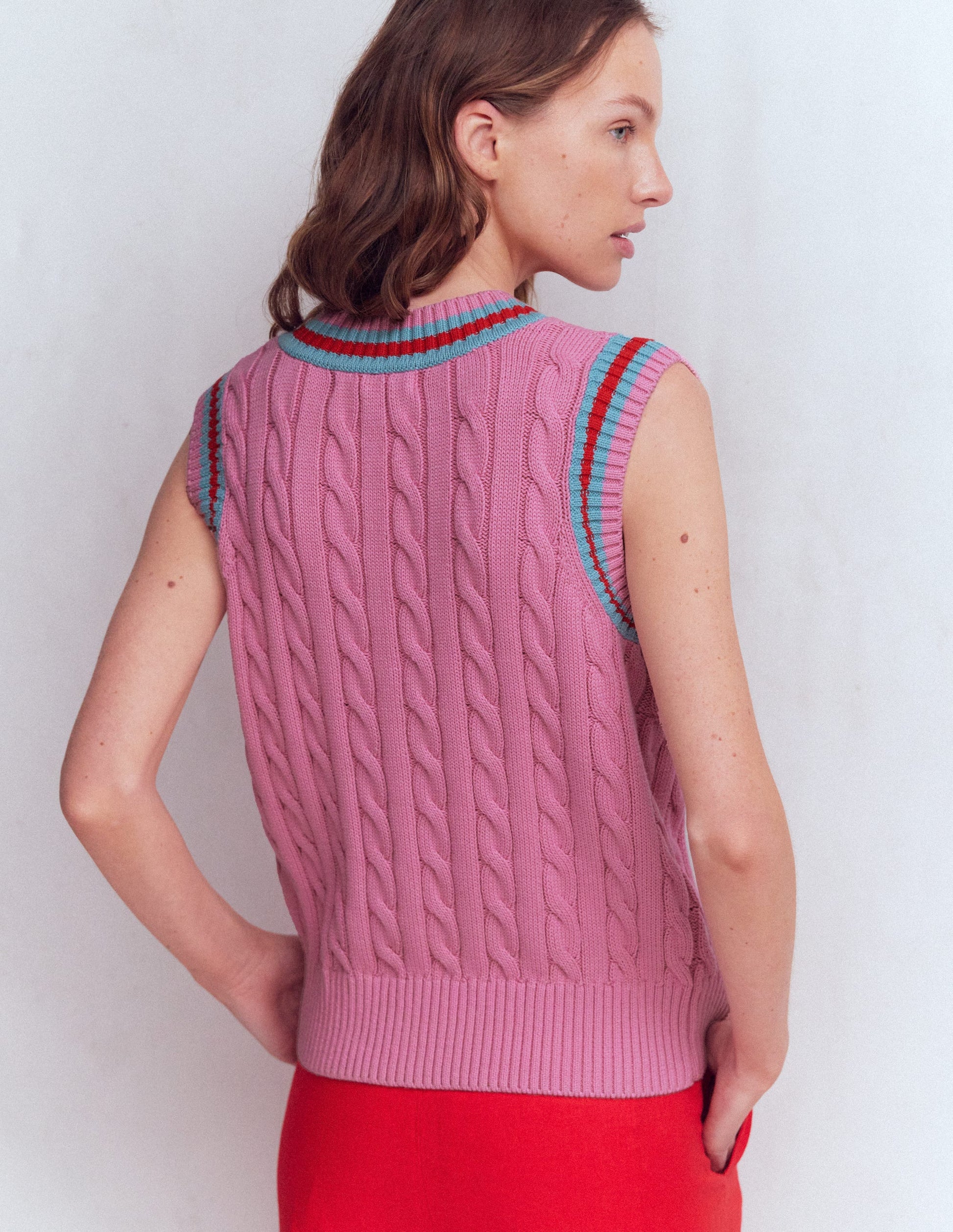 Maeve Cable V Neck Tank-Pink, Red-3