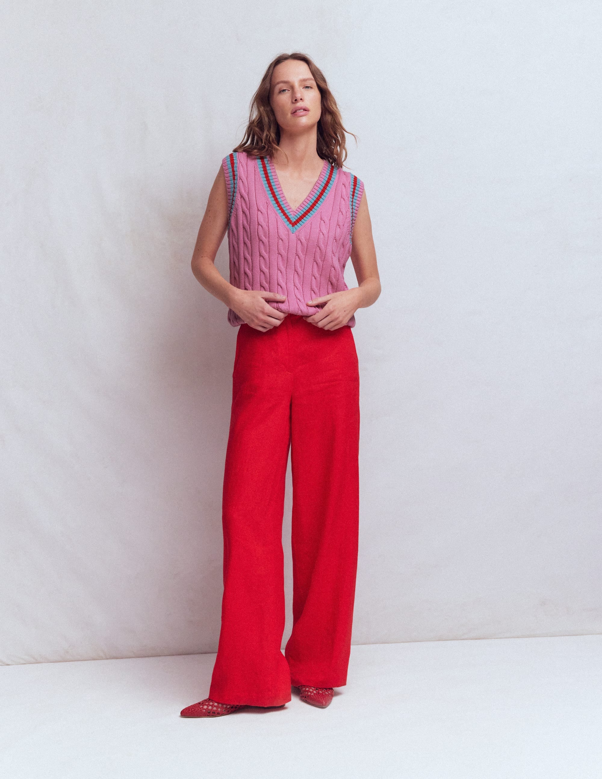 Cable V Neck Tank-Pink, Red - Image 4