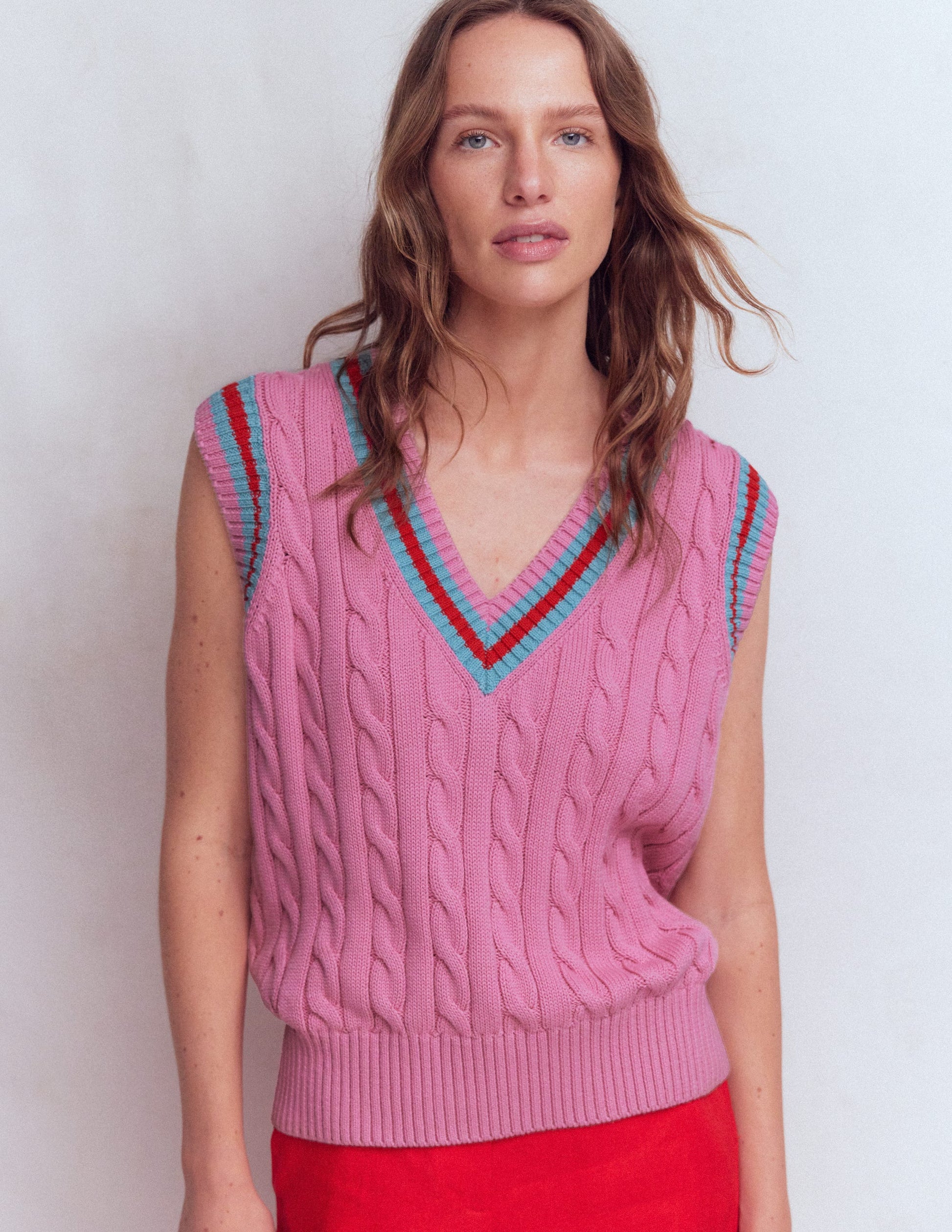 Maeve Cable V Neck Tank-Pink, Red-5
