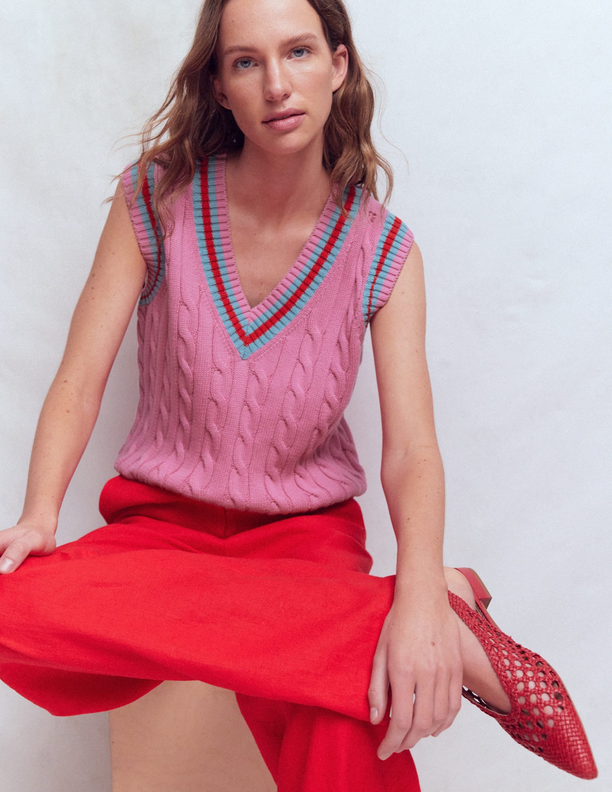 Cable V Neck Tank-Pink, Red - Image 6