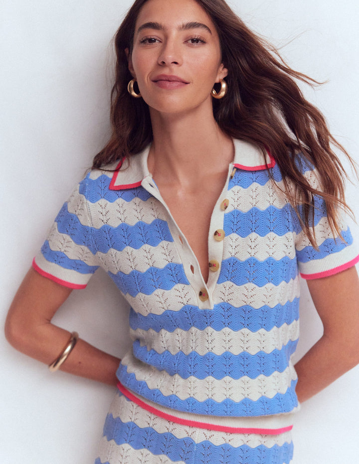 Pointelle Henley T-shirt-Blue, White