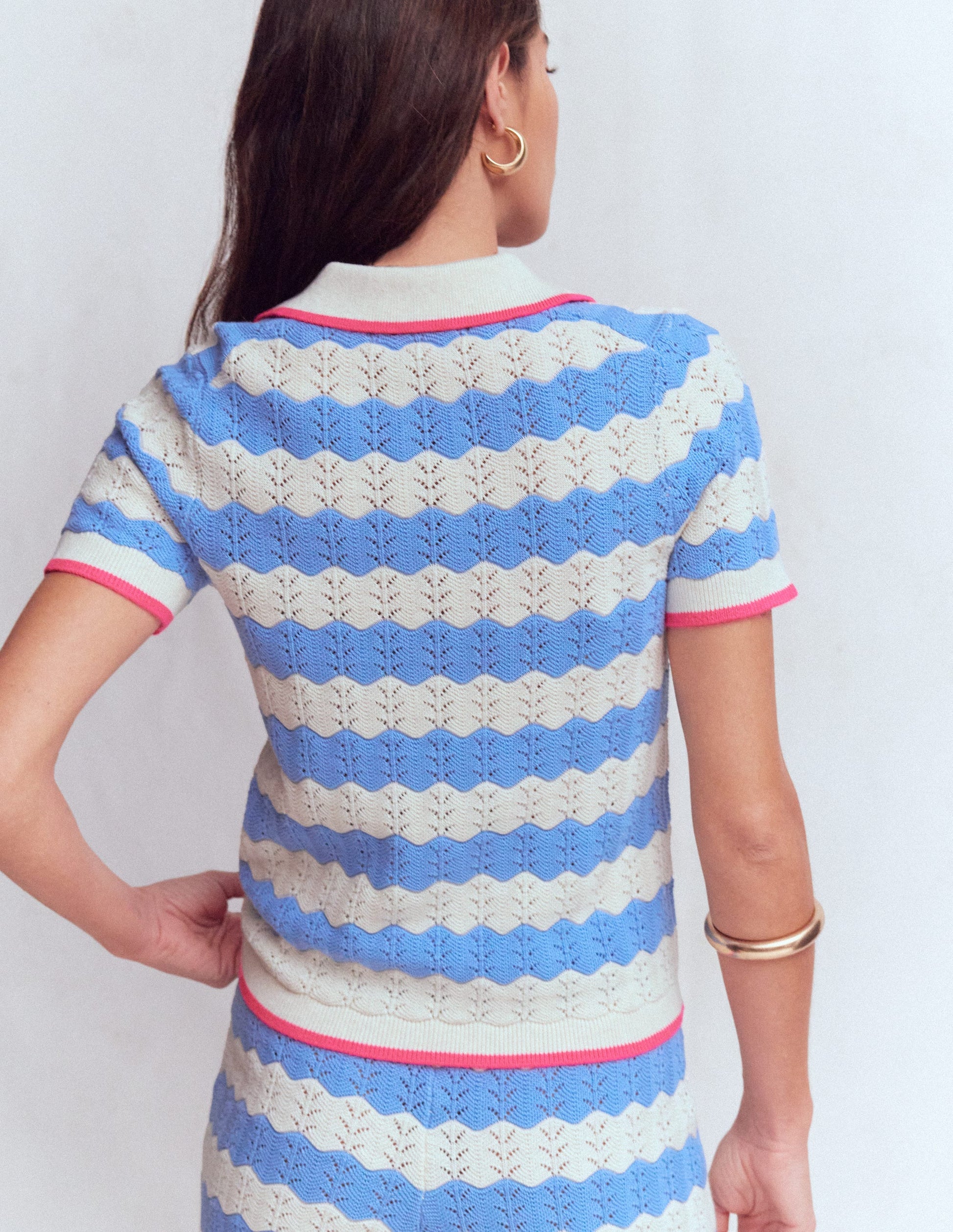 Pointelle Henley T-shirt DNU-Blue, White-3