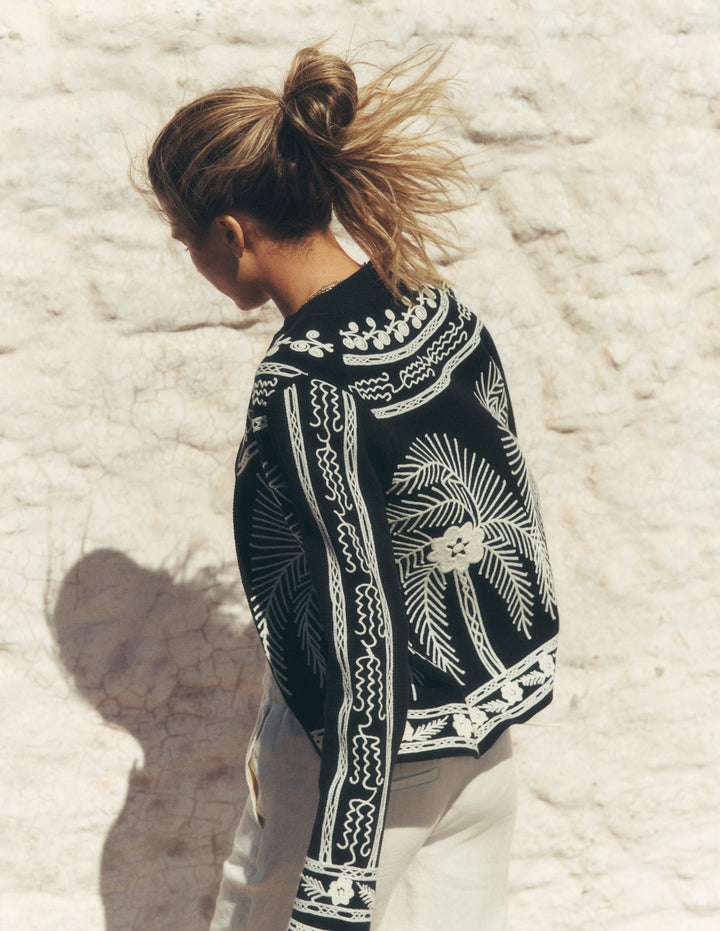 Elena Stand Neck Jacket-Black Embroidery