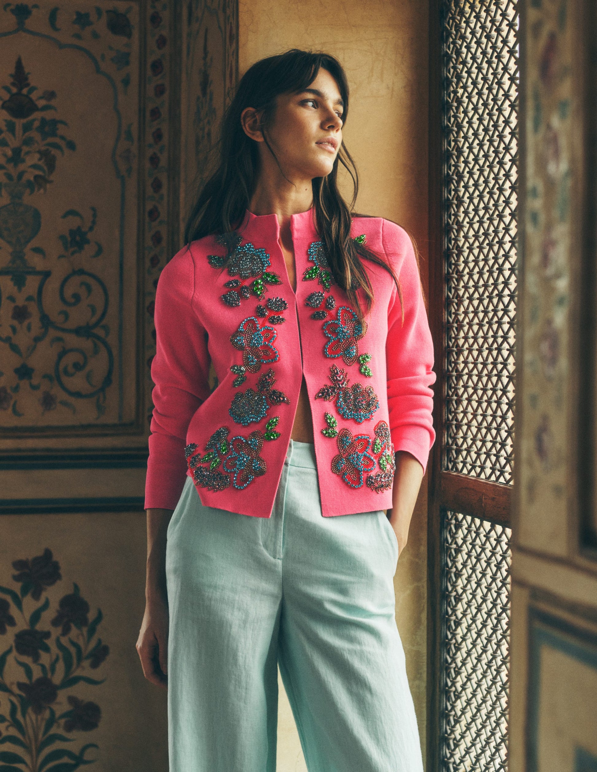 Elena Stand Neck Jacket-Pink Embroidery-1