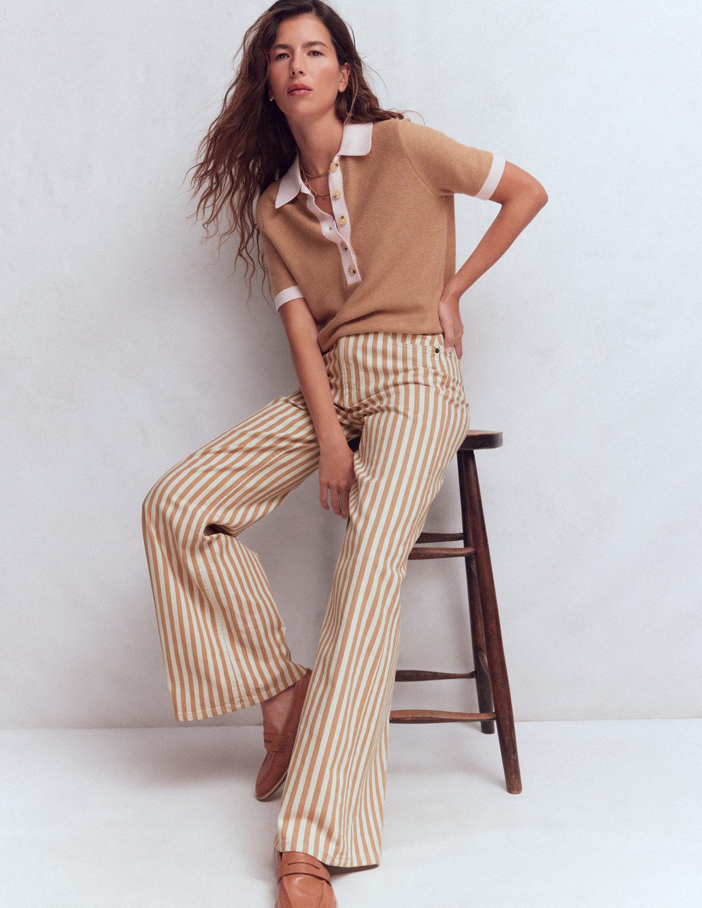 High Rise Wide Leg Jeans-Ecru Tan Stripe