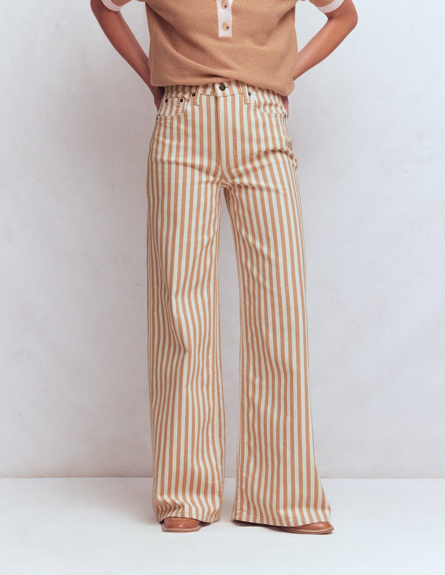 High Rise Wide Leg Jeans-Ecru Tan Stripe
