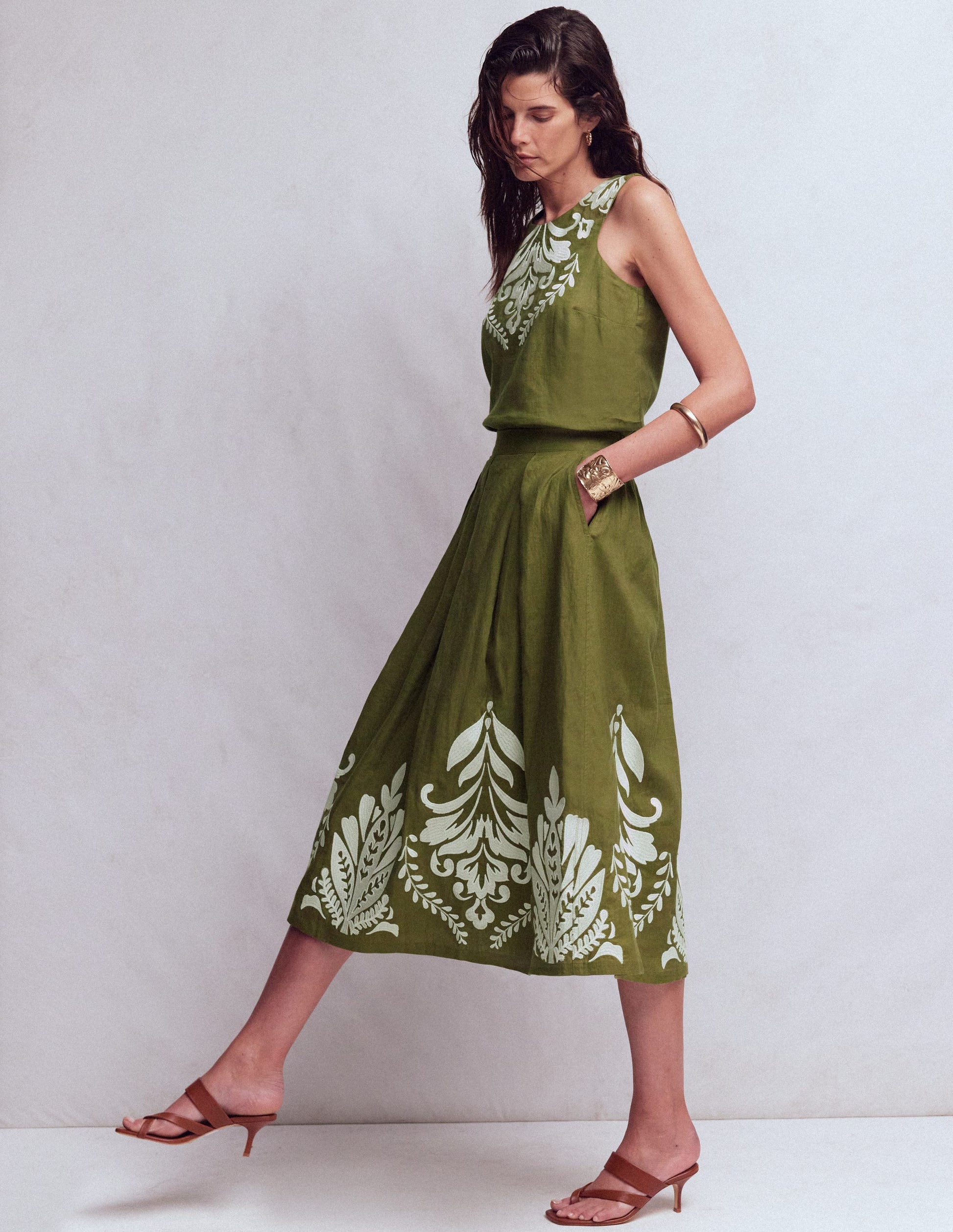 Verity Linen Midi Skirt-Woodland Green Embroidery-1