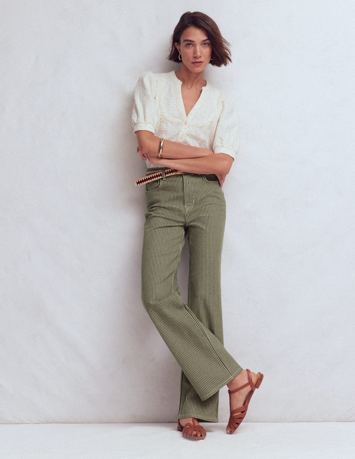High Rise Column Leg Jeans-Olive Ecru Stripe