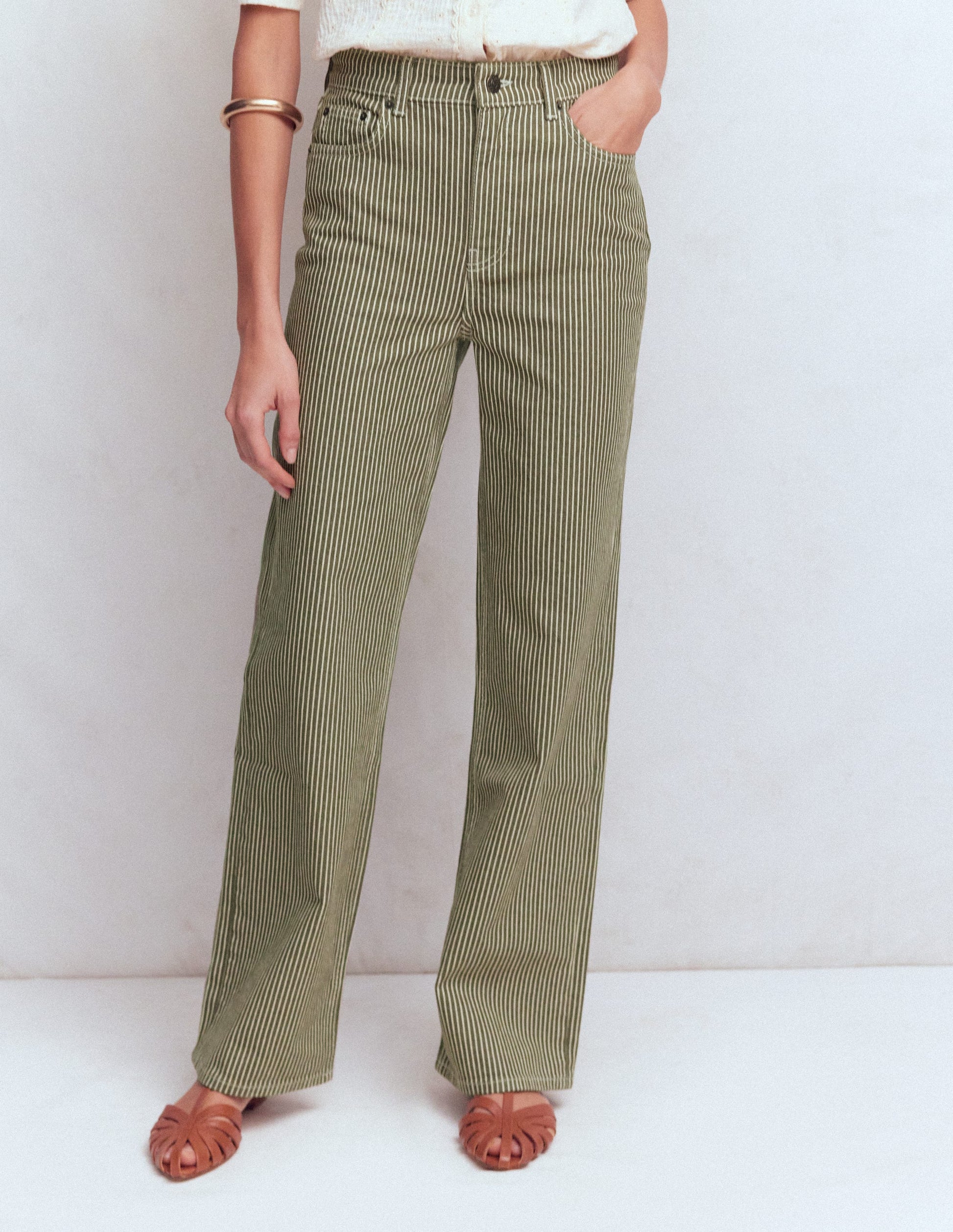 High Rise Column Leg Jeans-Olive Ecru Stripe-4
