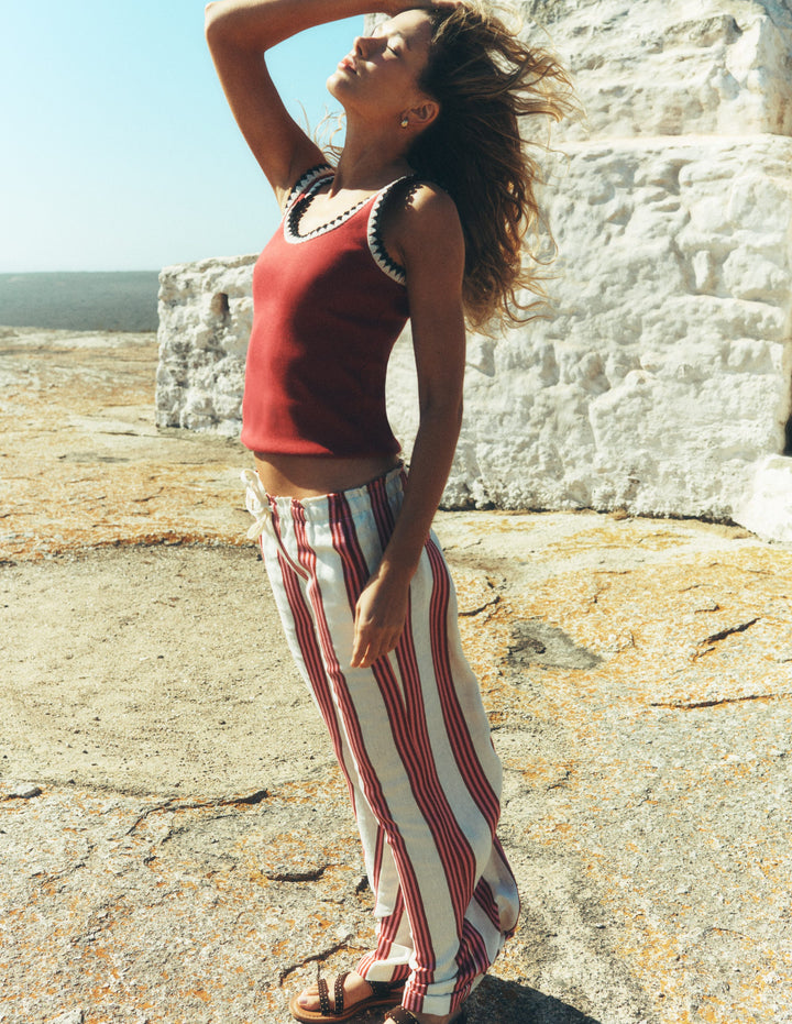 Islington Linen Trousers-Ivory, Brown & Pink Stripe