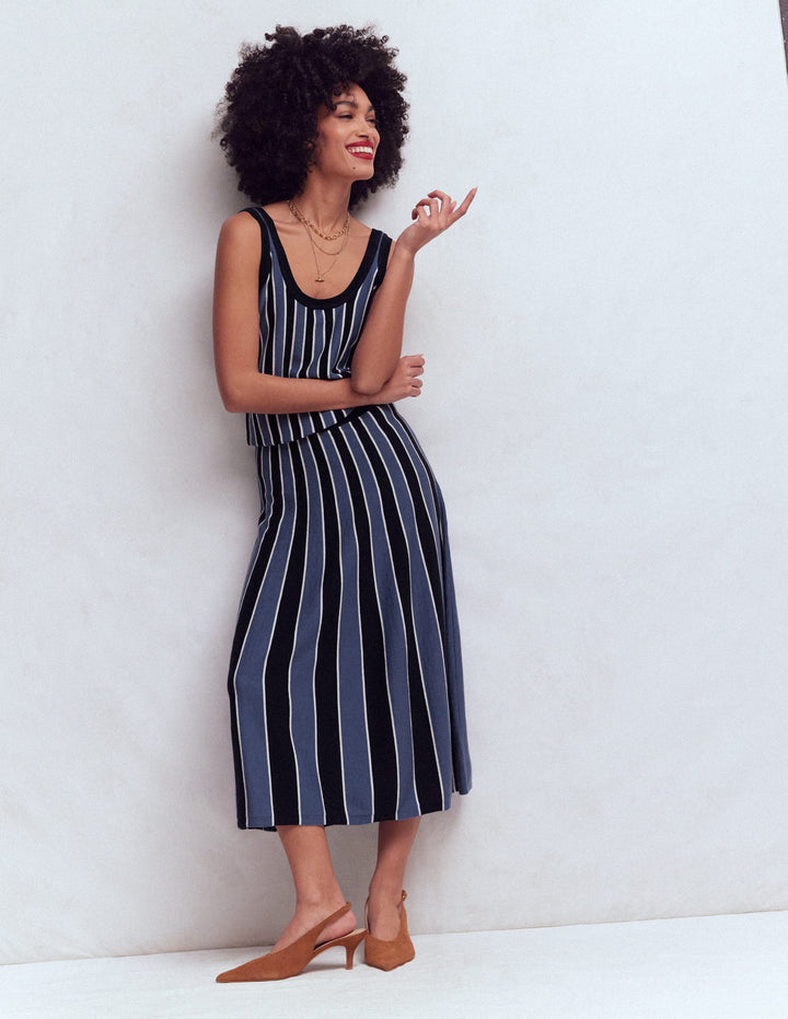 Liz Knitted Midi Skirt-Denim Blue Stripe