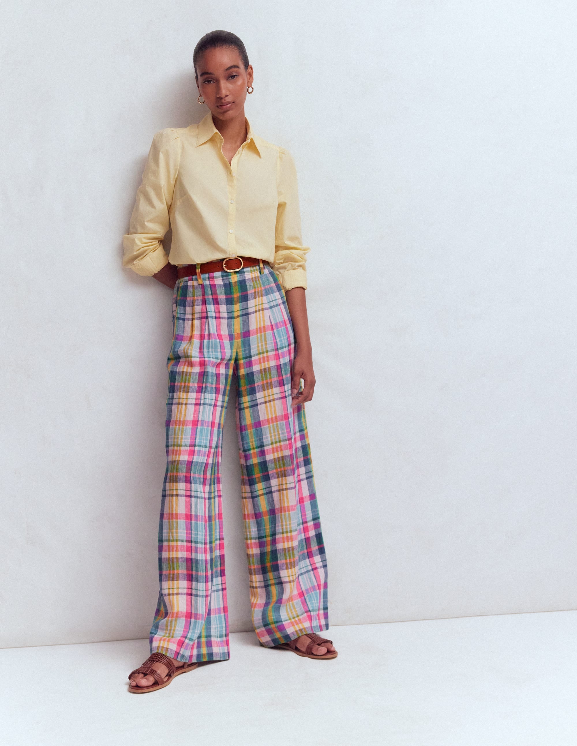 Kensington Linen Trousers-Blue, Pink and Green Madras - Image 1