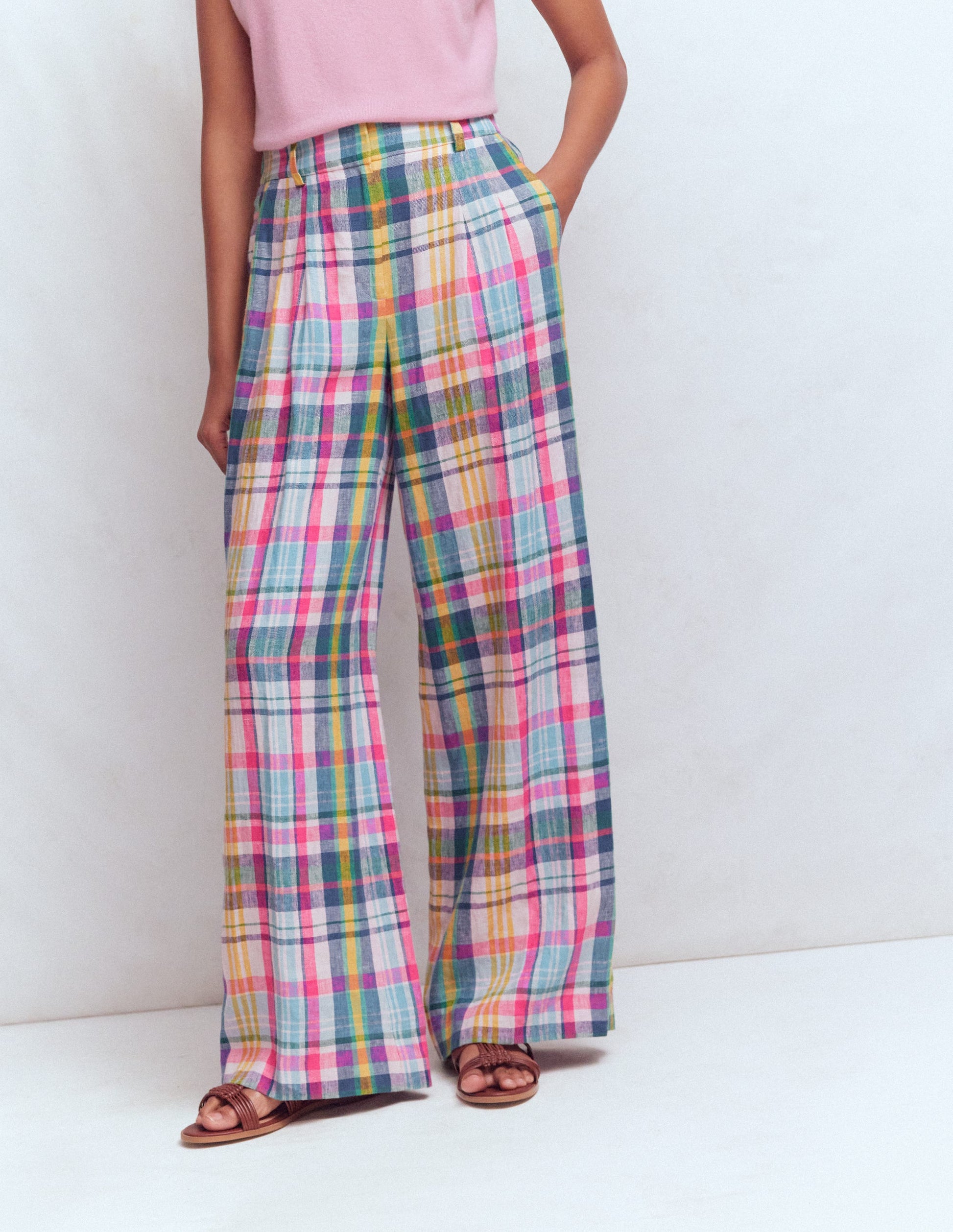 Kensington Linen Trousers-Blue, Pink and Green Madras-6