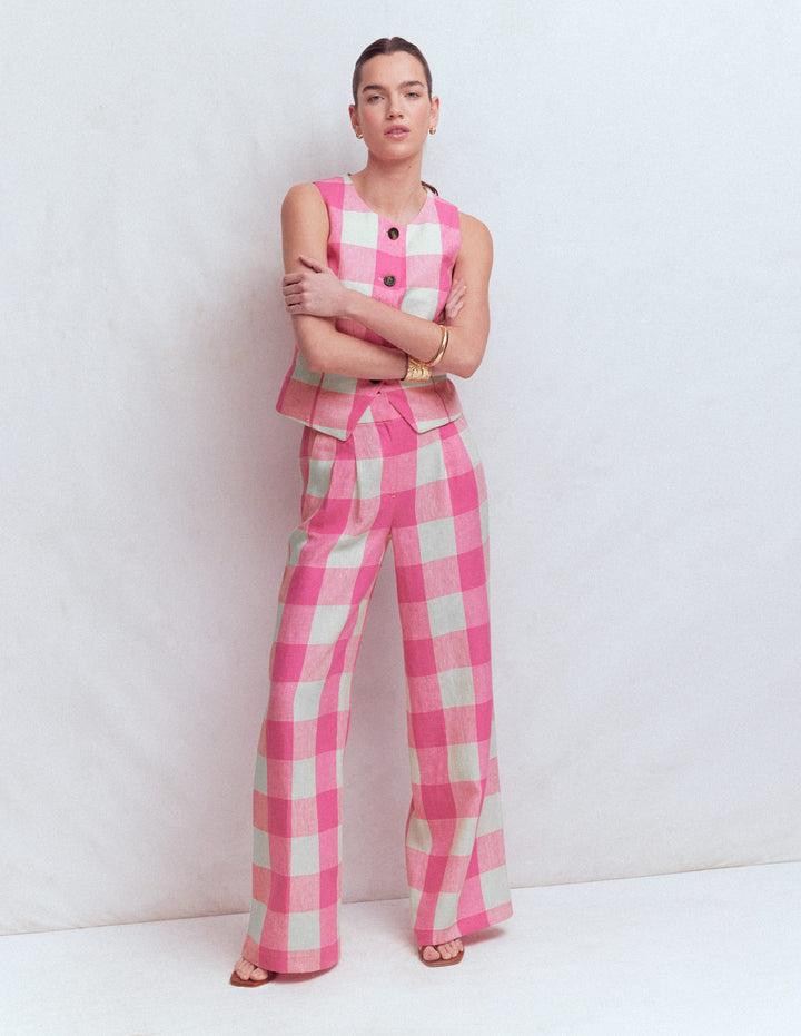 Kensington Linen Trousers-Pink Punch, Gingham