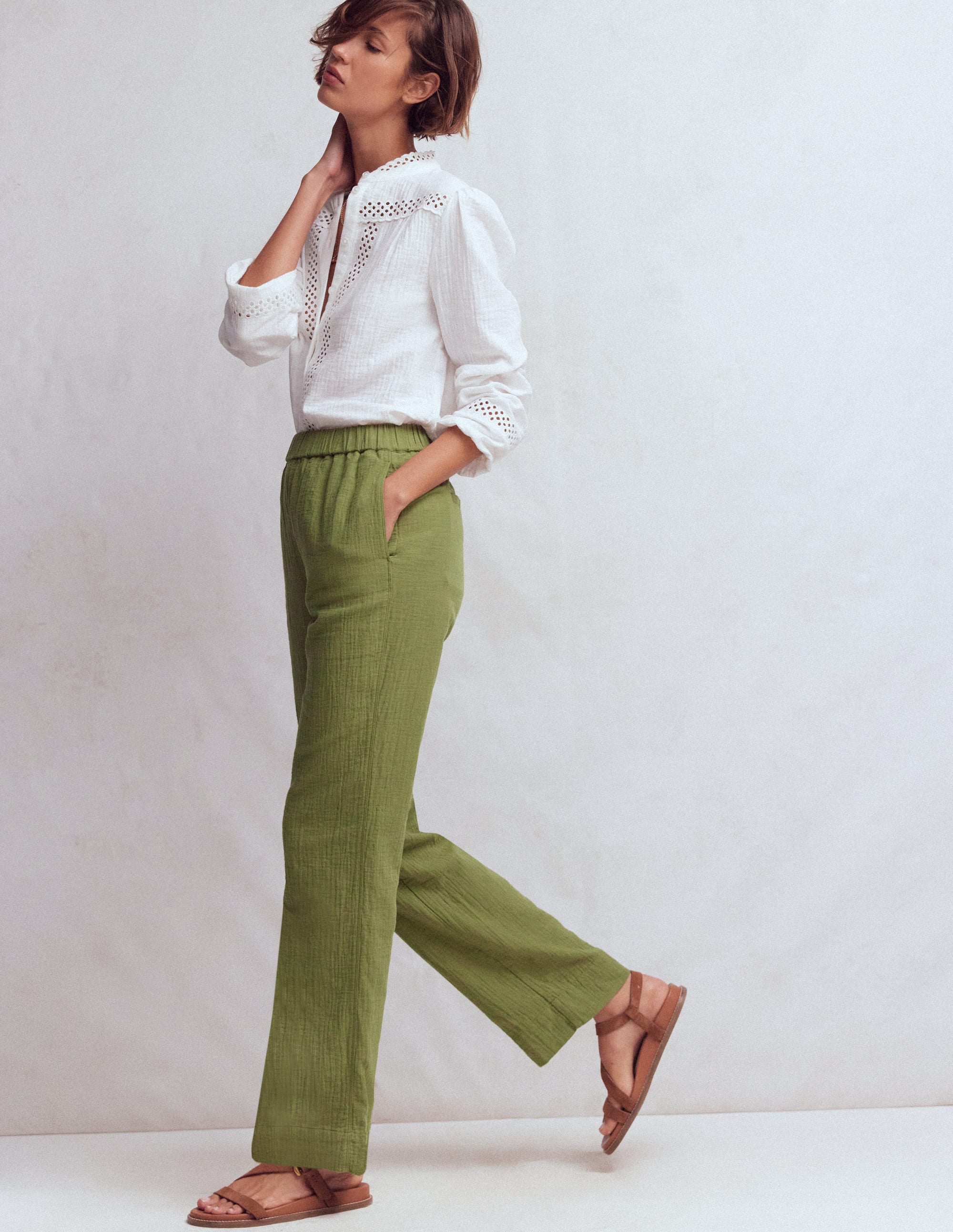 Pull On Double Cloth Trousers-Olive Green - Image 1