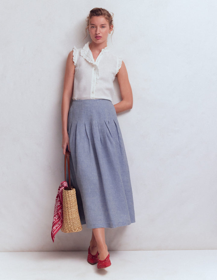 Valentina Linen Skirt-Blue Chambray